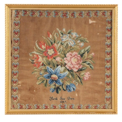 Early Victorian Floral Cross Stitch Panel in Frame, 1849 Early Victorian Floral Cross Stitch Panel in Frame, 1849