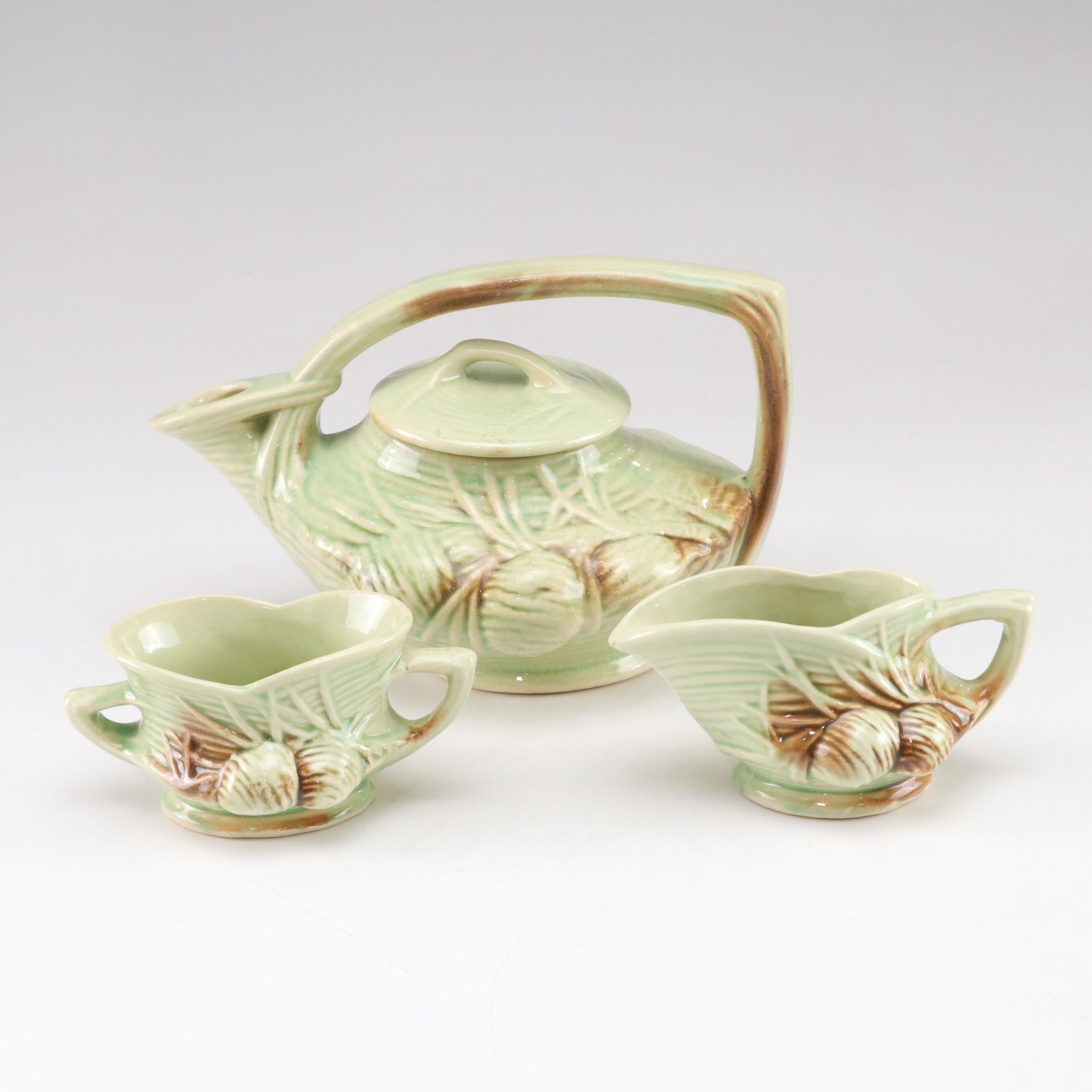 McCoy Pottery "Pine Cone" Ceramic Teapot, Creamer & Sugar Bowl