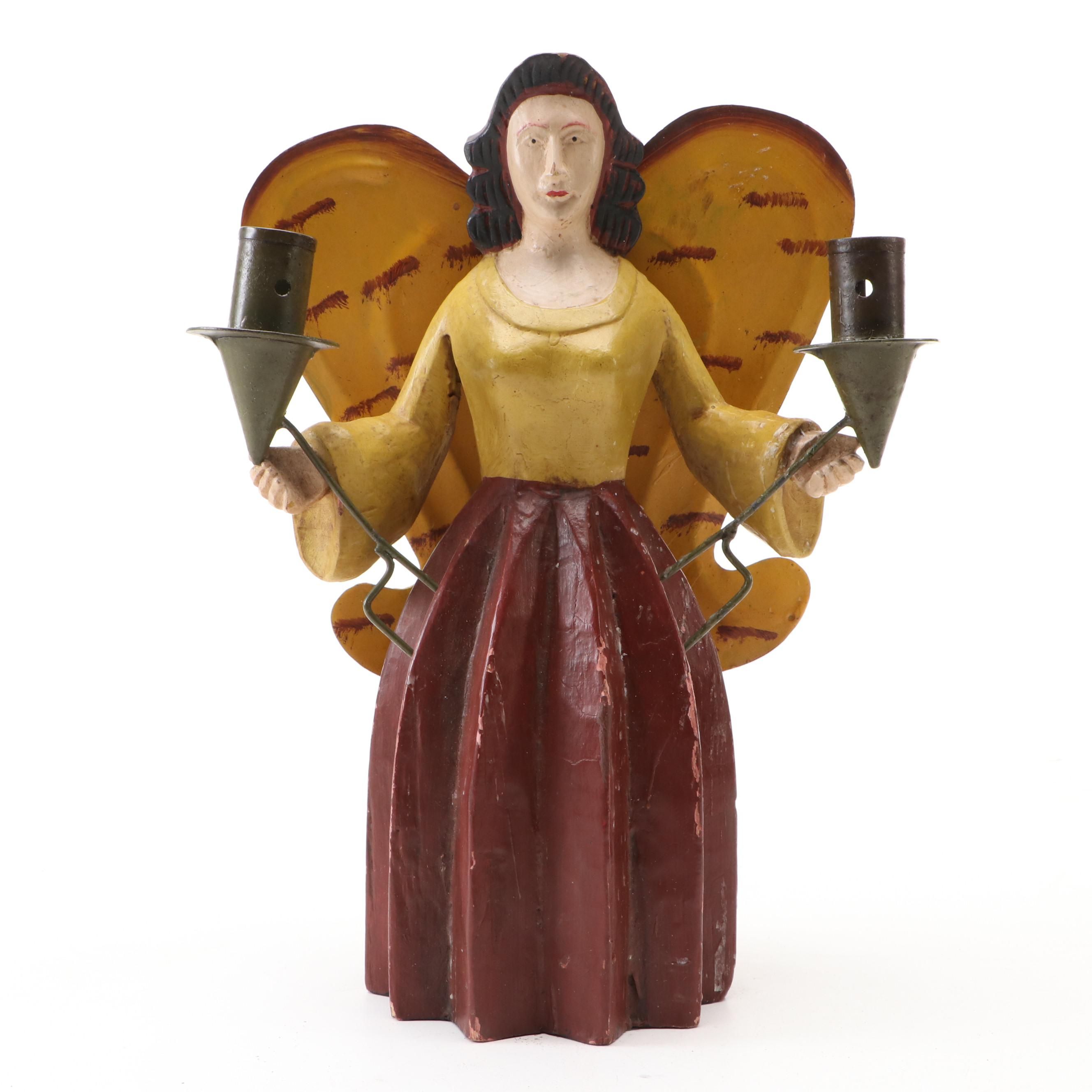German Folk Art Style Wooden Angel Candle Holder