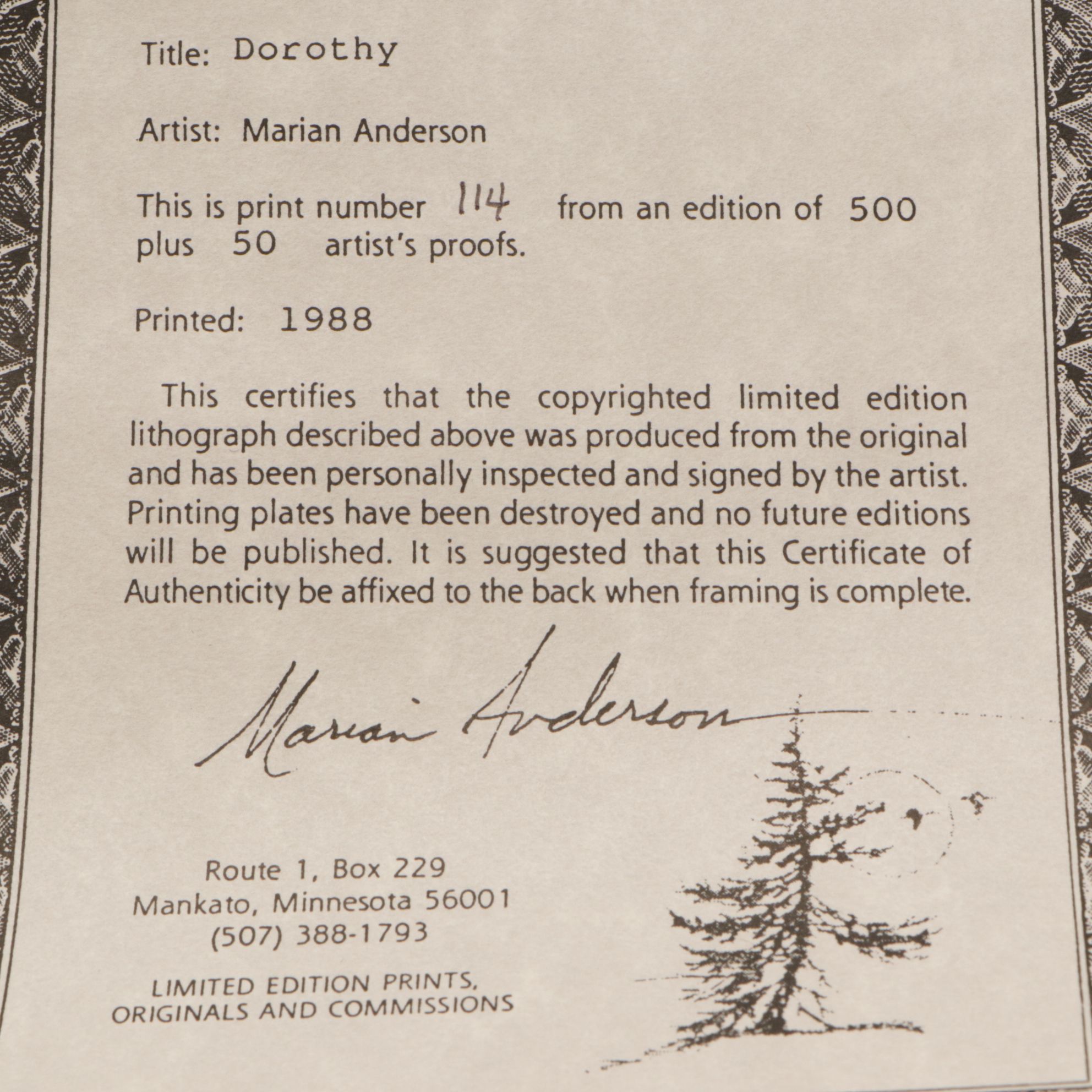 Marian Anderson "Dorothy" Offset Lithograph, 1988