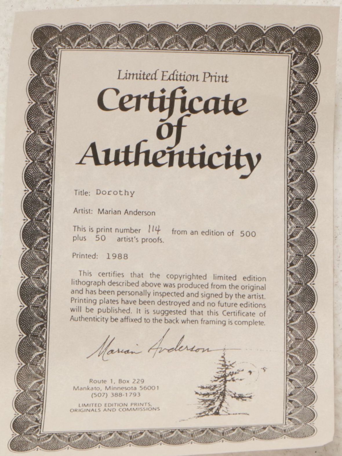 Marian Anderson "Dorothy" Offset Lithograph, 1988