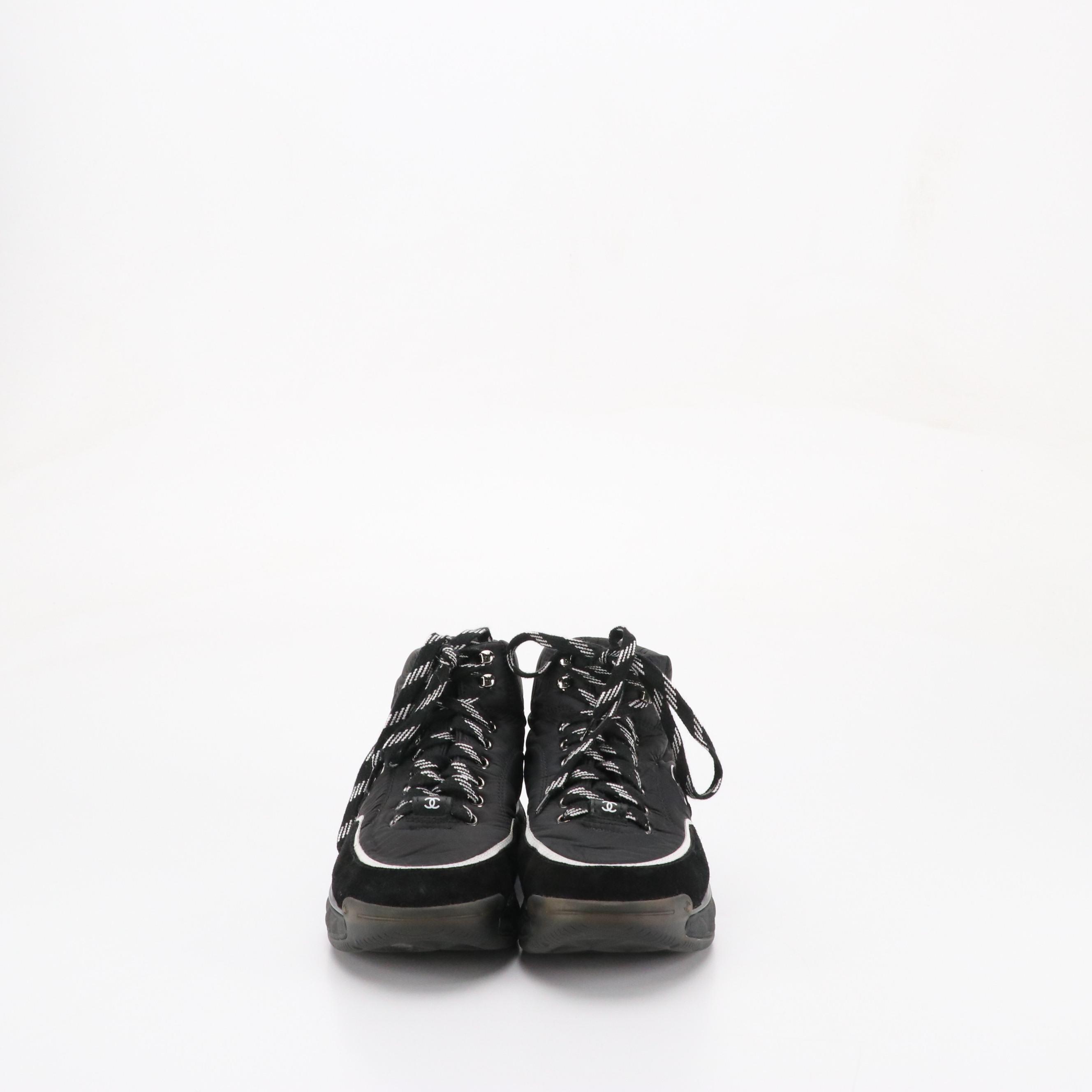 Chanel CC High-Top Lace Up Sneakers in Black Nylon and Suede