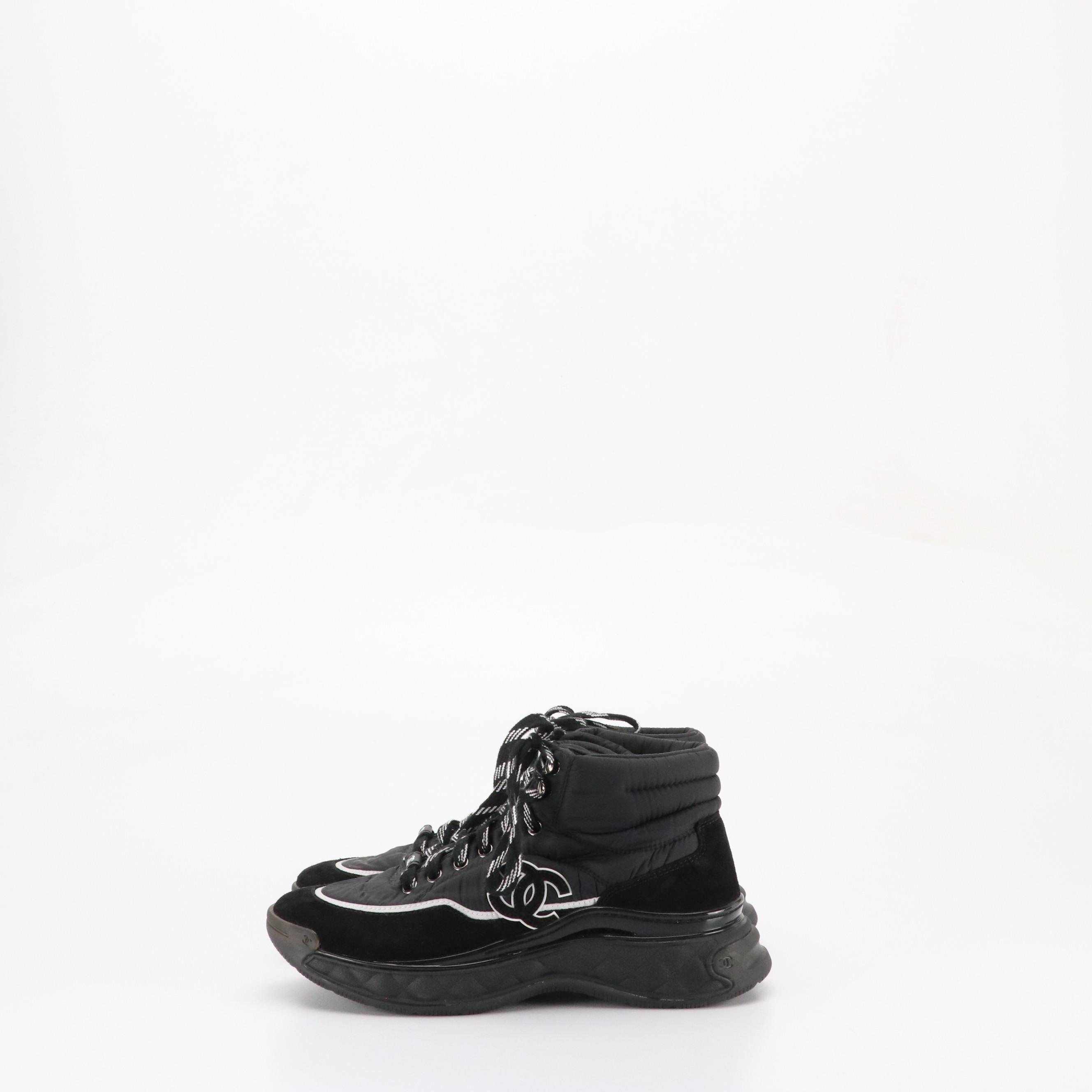 Chanel CC High-Top Lace Up Sneakers in Black Nylon and Suede