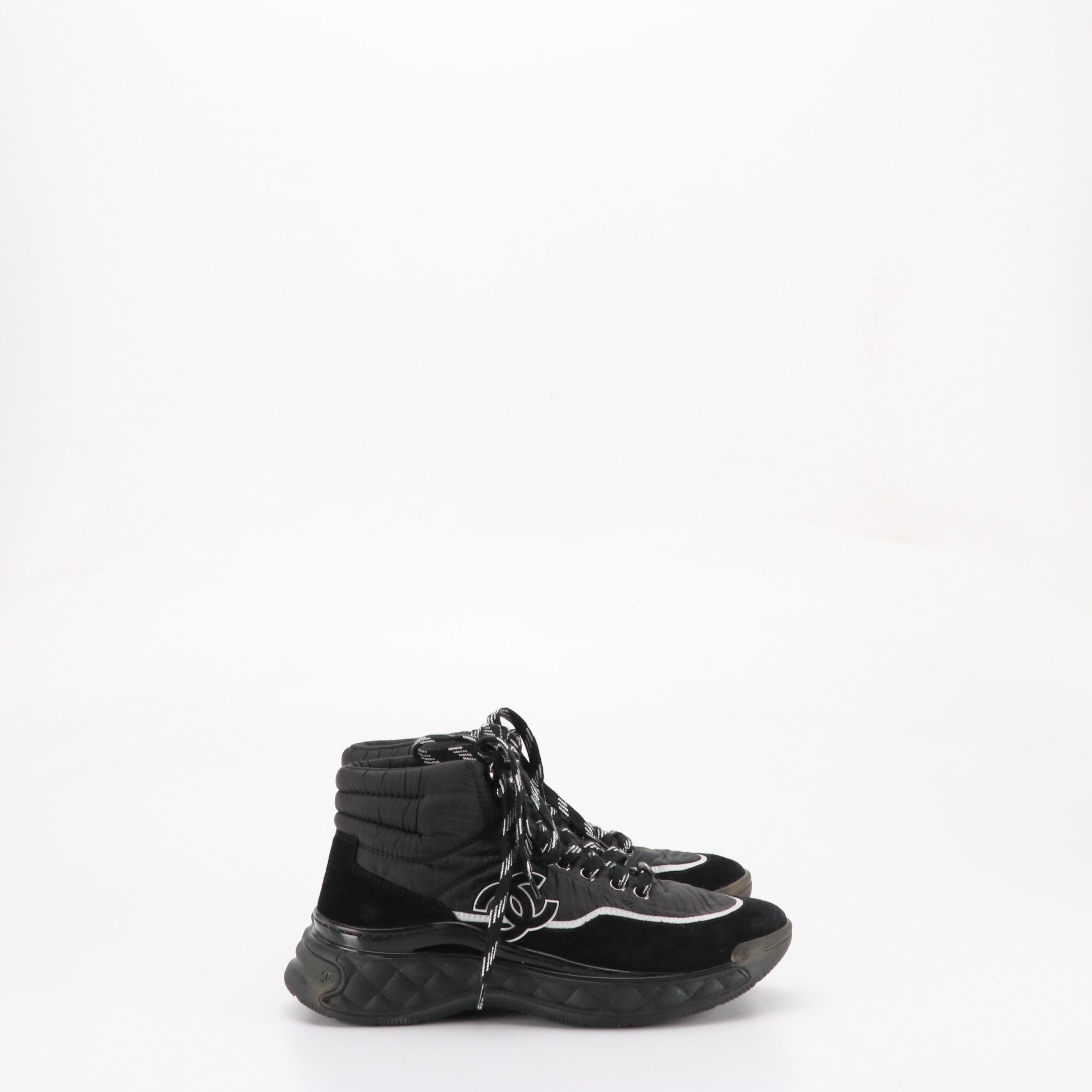 Chanel CC High-Top Lace Up Sneakers in Black Nylon and Suede
