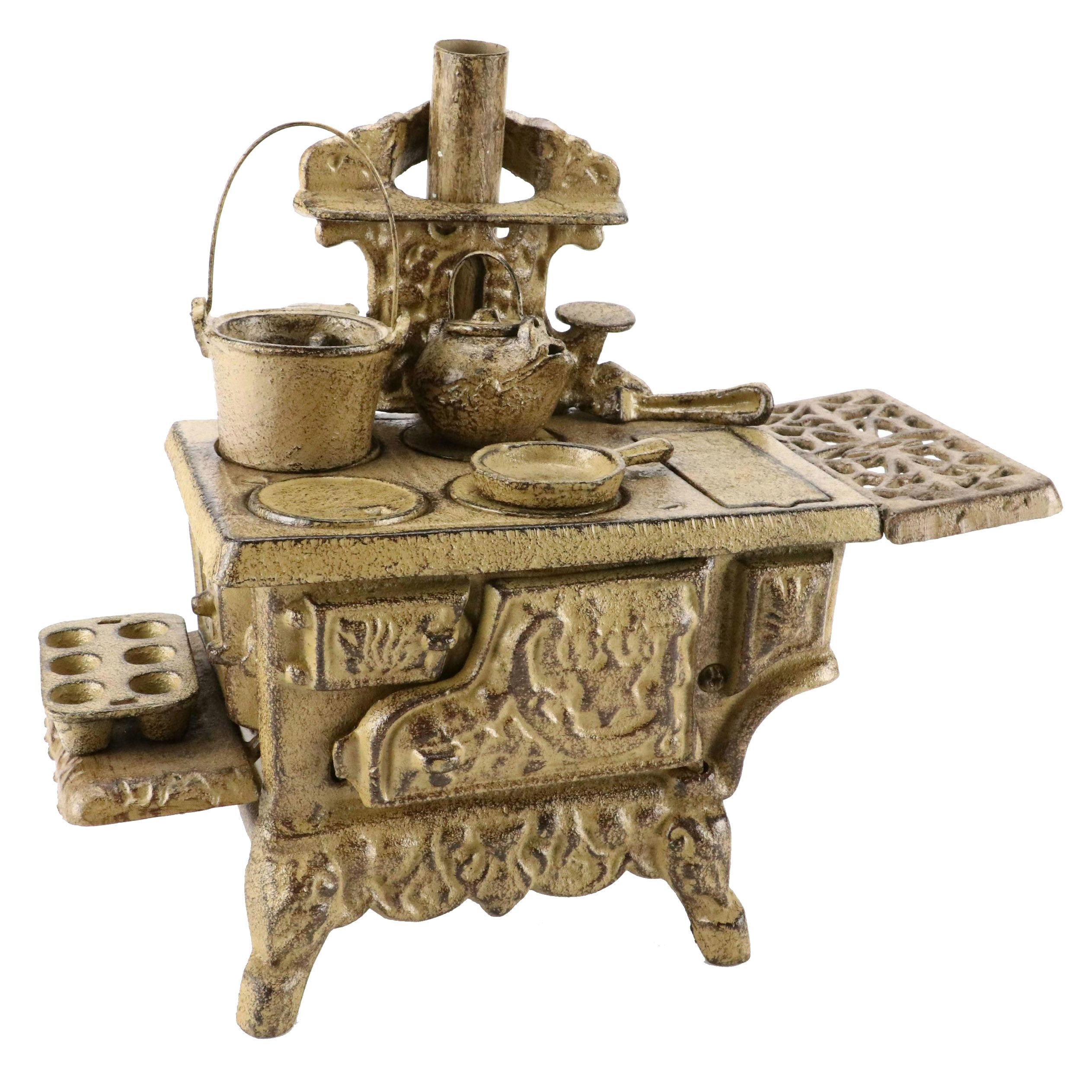 Crescent Painted Cast Iron Toy Stove with Skillet, Cauldron, Popover Pan, More