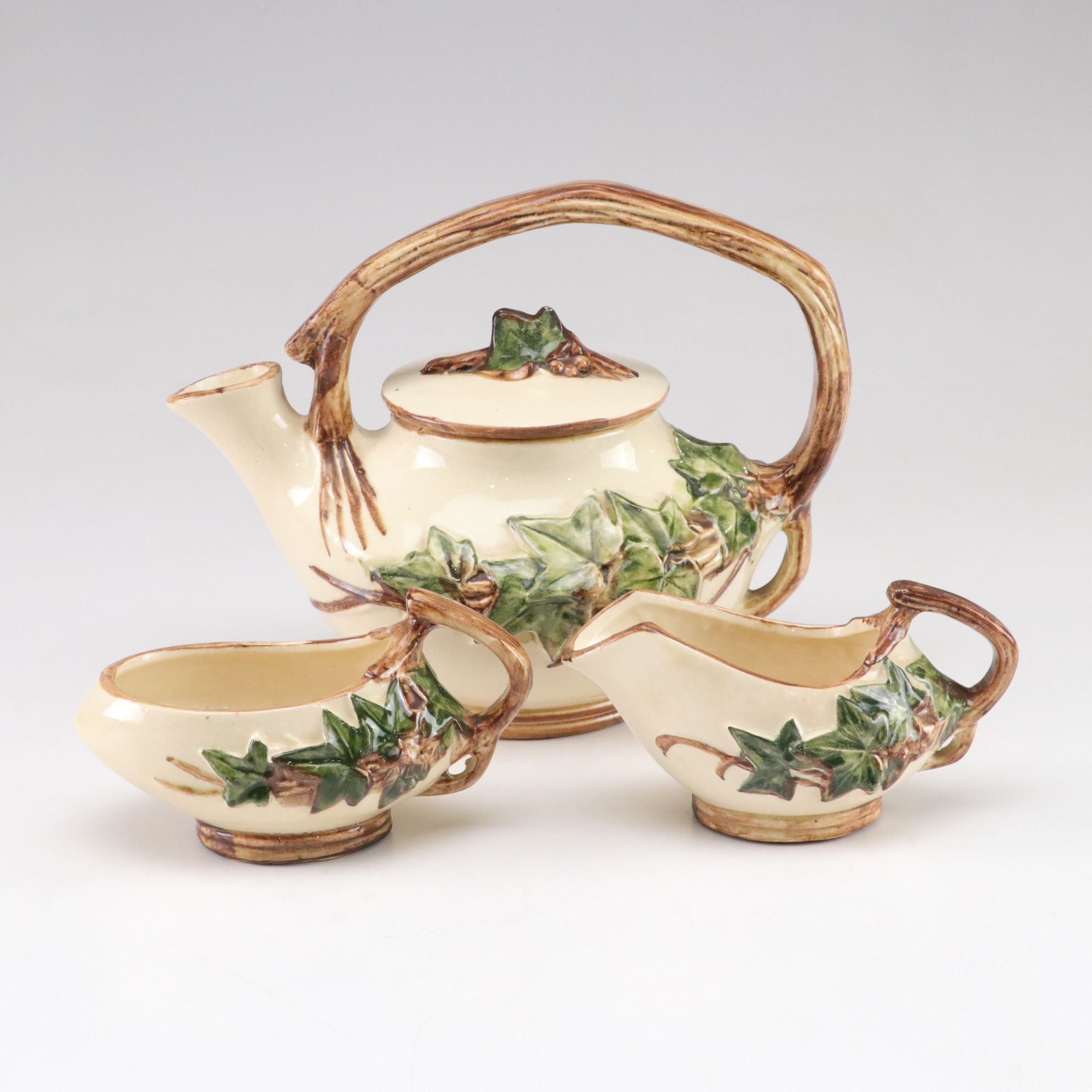 McCoy Pottery "Ivy" Teapot, Creamer and Sugar Bowl, Mid-20th Century