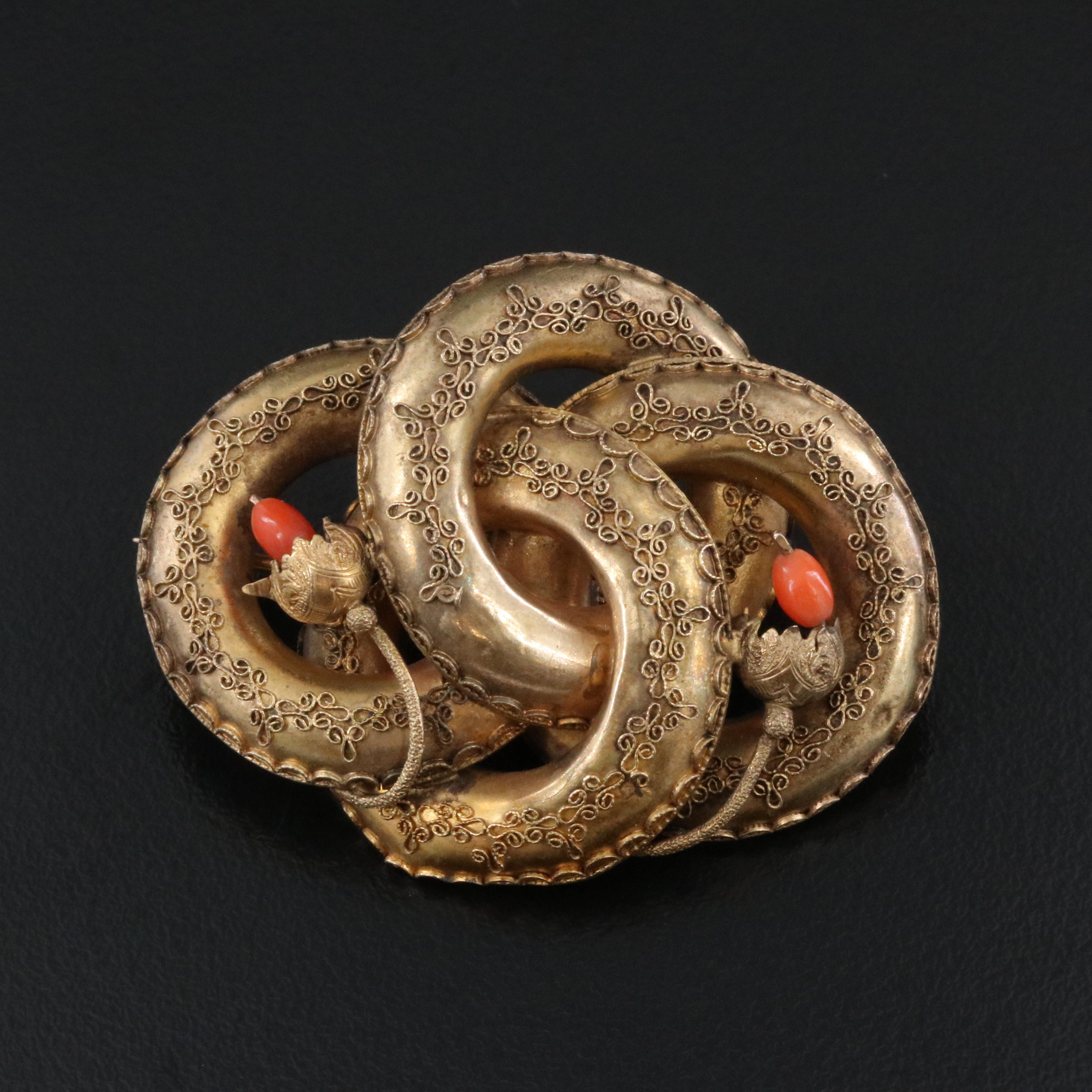 Victorian 10K Coral & Woven Hair Remembrance Love Knot Converter Brooch