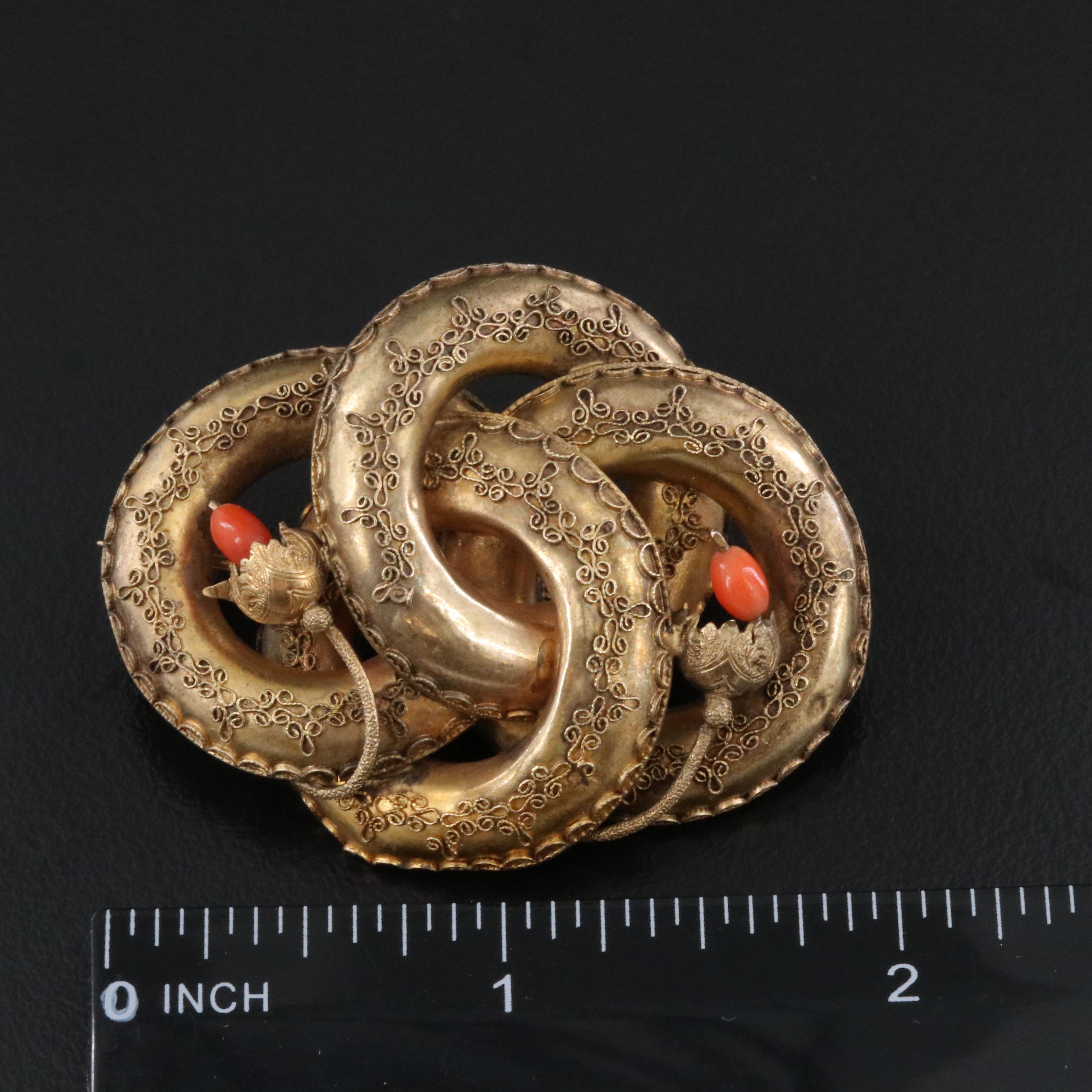 Victorian 10K Coral & Woven Hair Remembrance Love Knot Converter Brooch