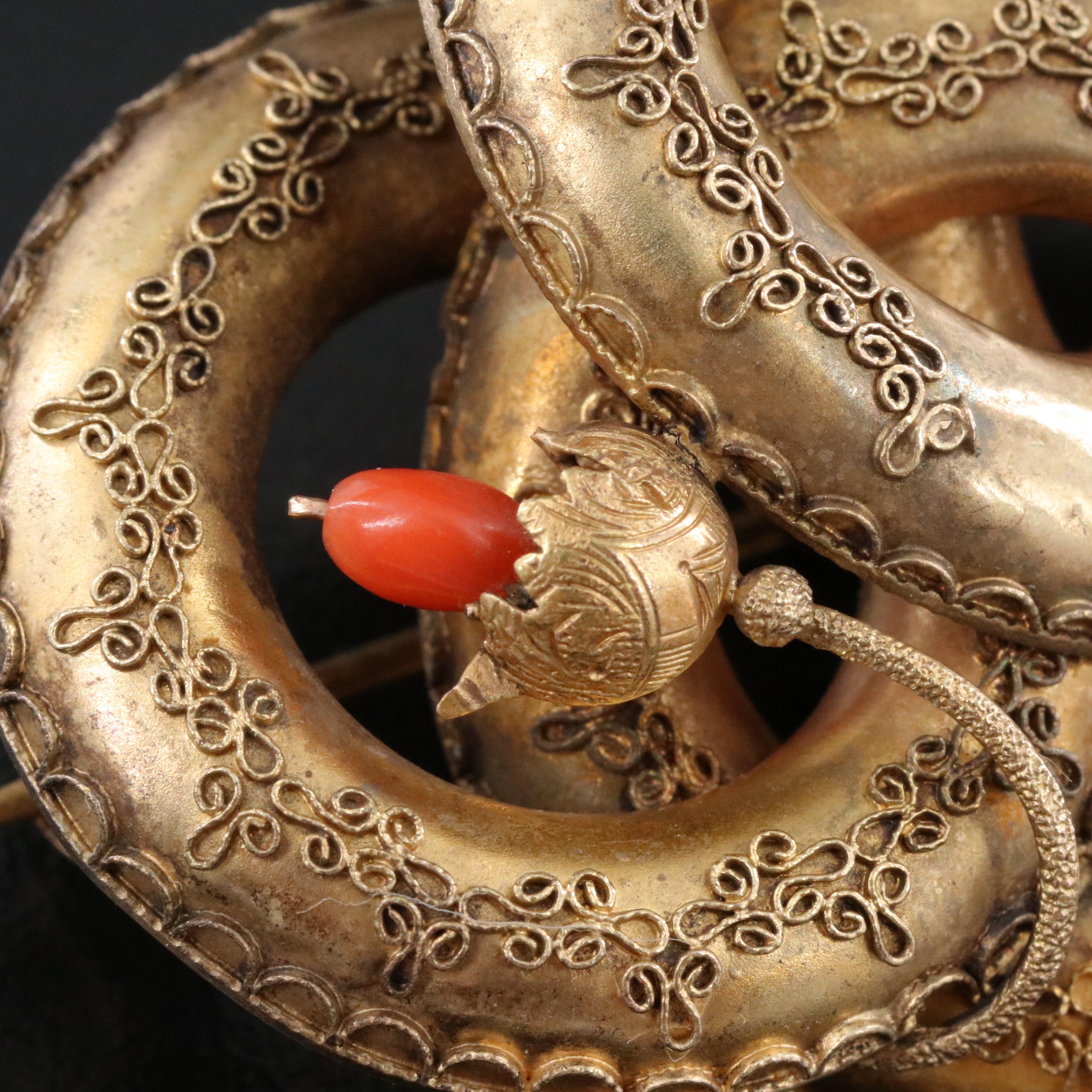 Victorian 10K Coral & Woven Hair Remembrance Love Knot Converter Brooch