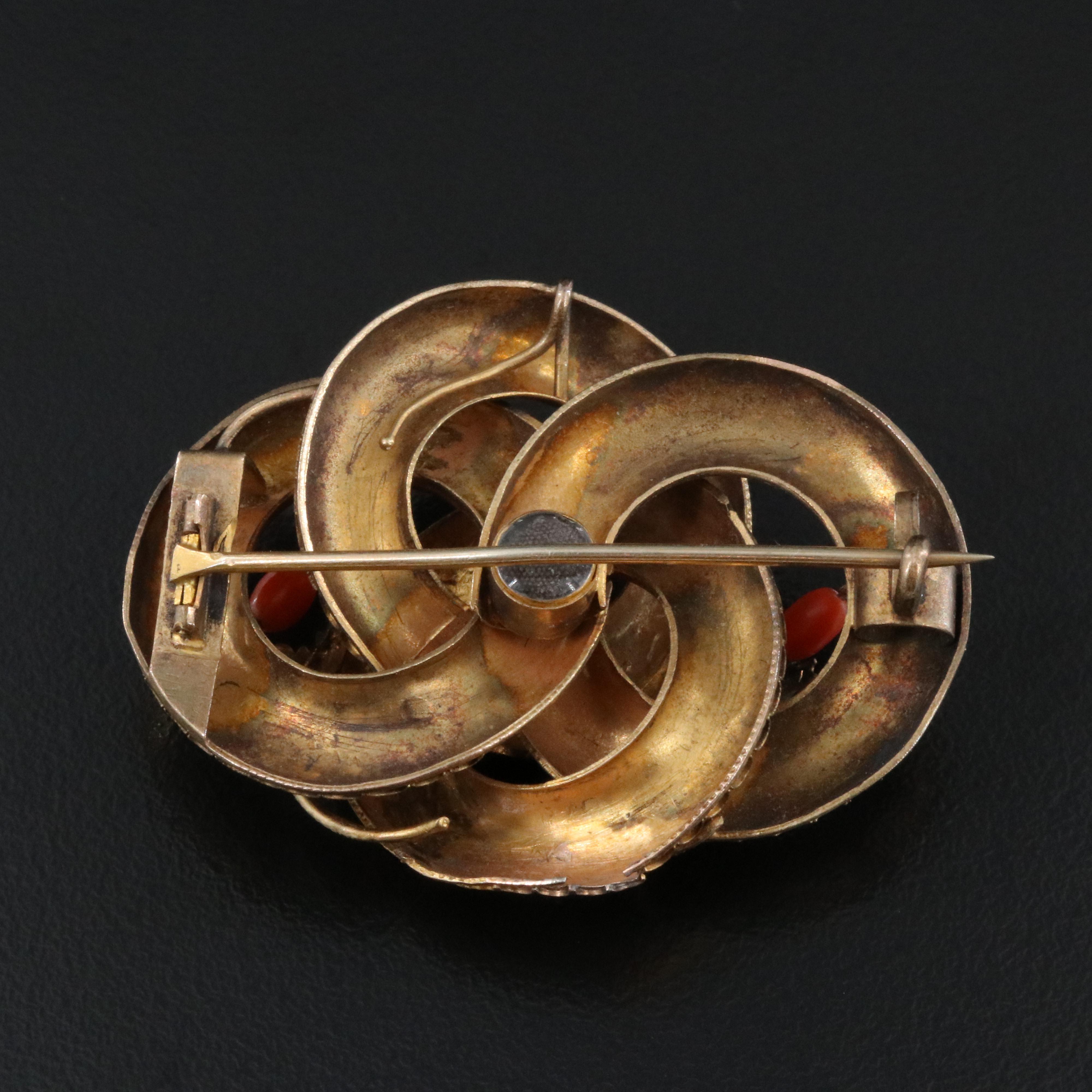 Victorian 10K Coral & Woven Hair Remembrance Love Knot Converter Brooch