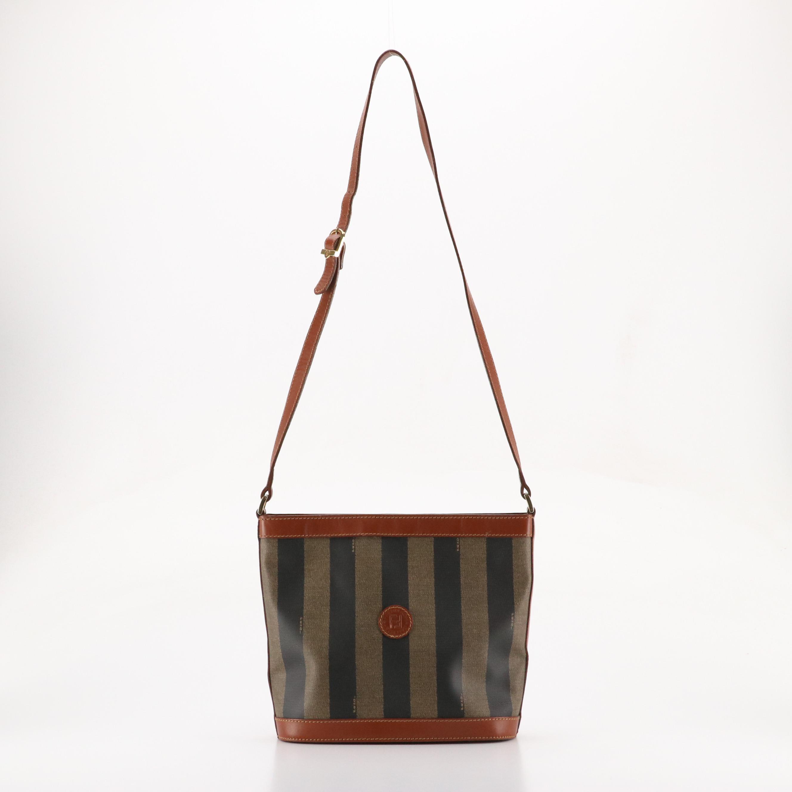 Fendi Crossbody Bag in Pequin Striped Canvas and Brown Leather Trim
