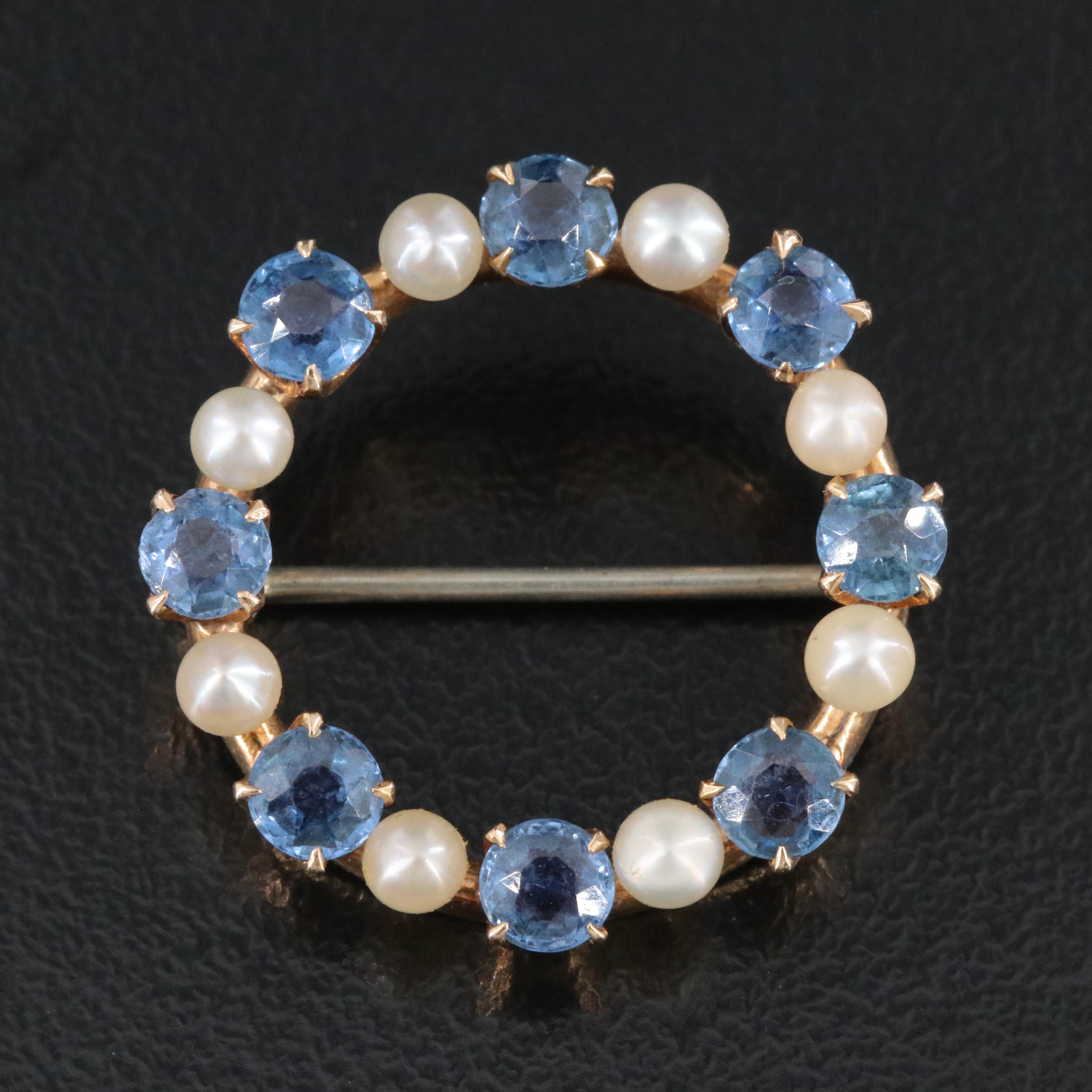 Antique 14K Sapphire and Seed Pearl Circle Pin