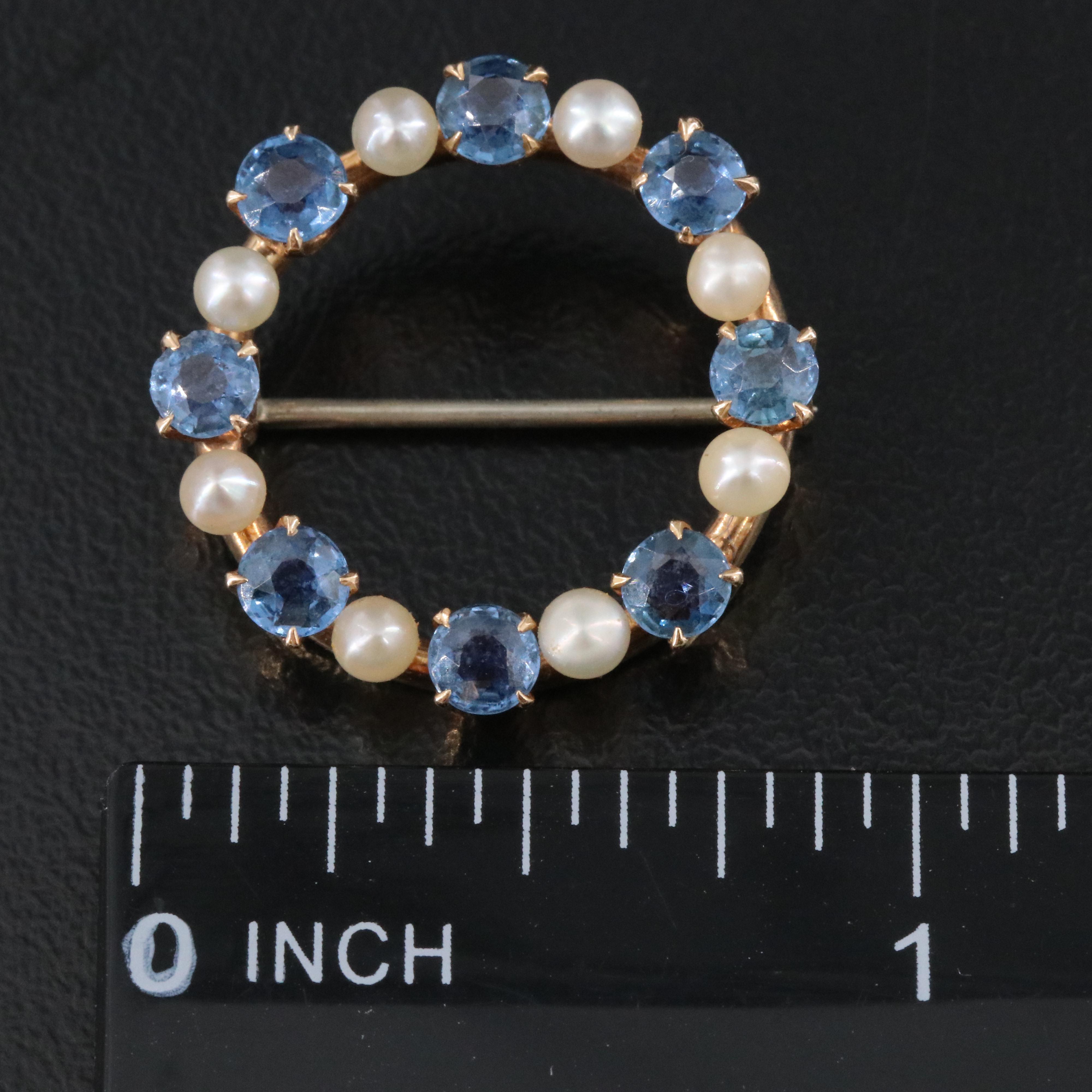 Antique 14K Sapphire and Seed Pearl Circle Pin
