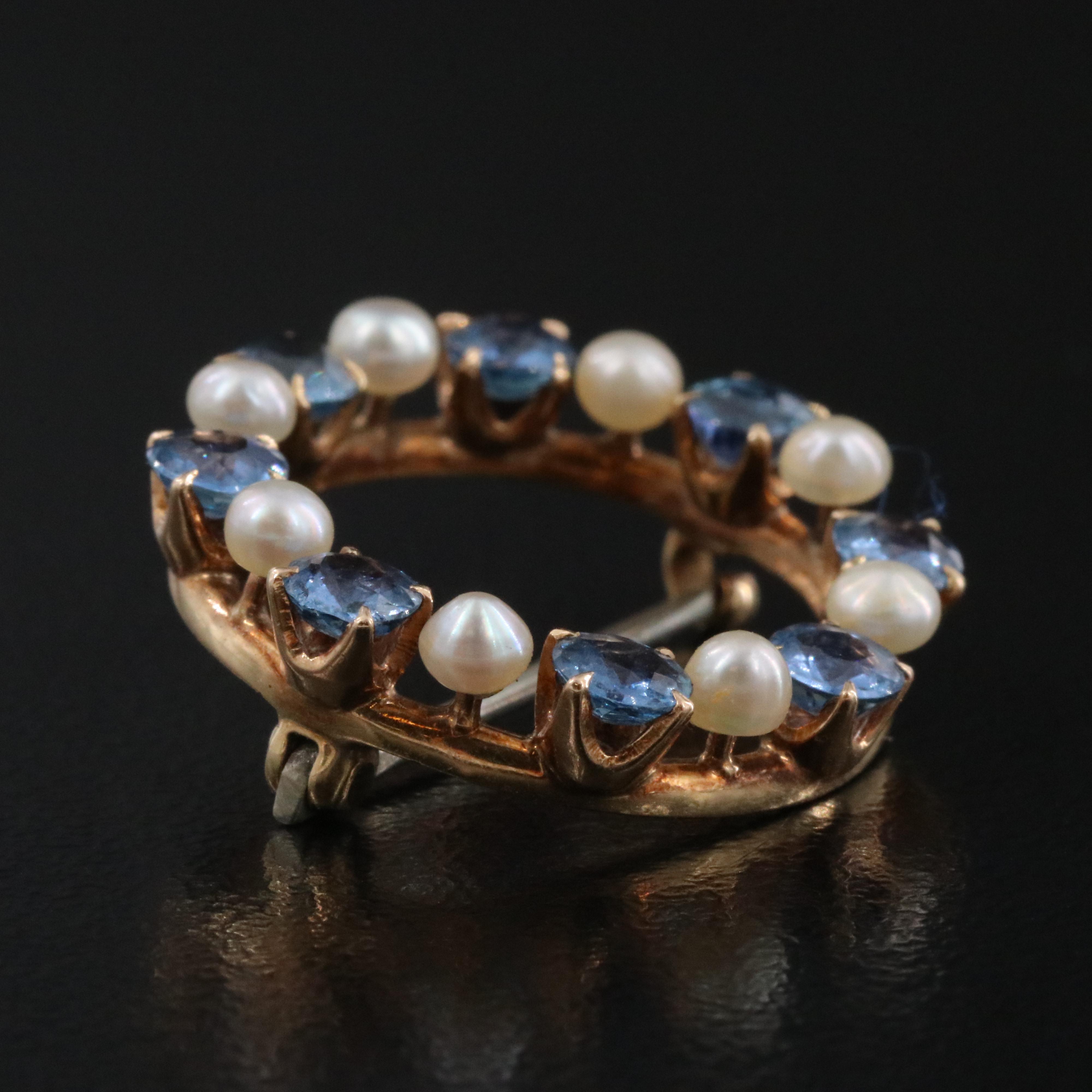 Antique 14K Sapphire and Seed Pearl Circle Pin