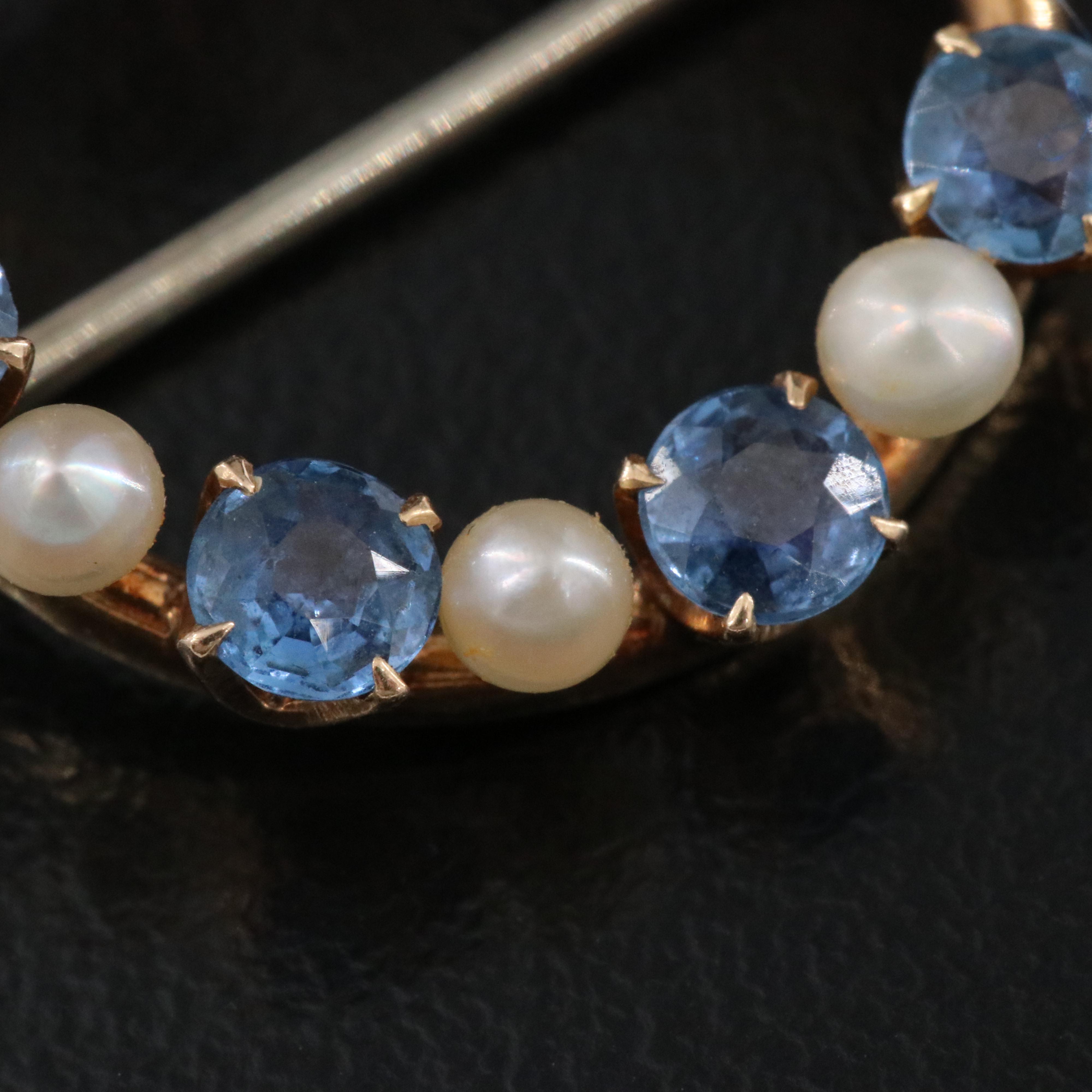 Antique 14K Sapphire and Seed Pearl Circle Pin