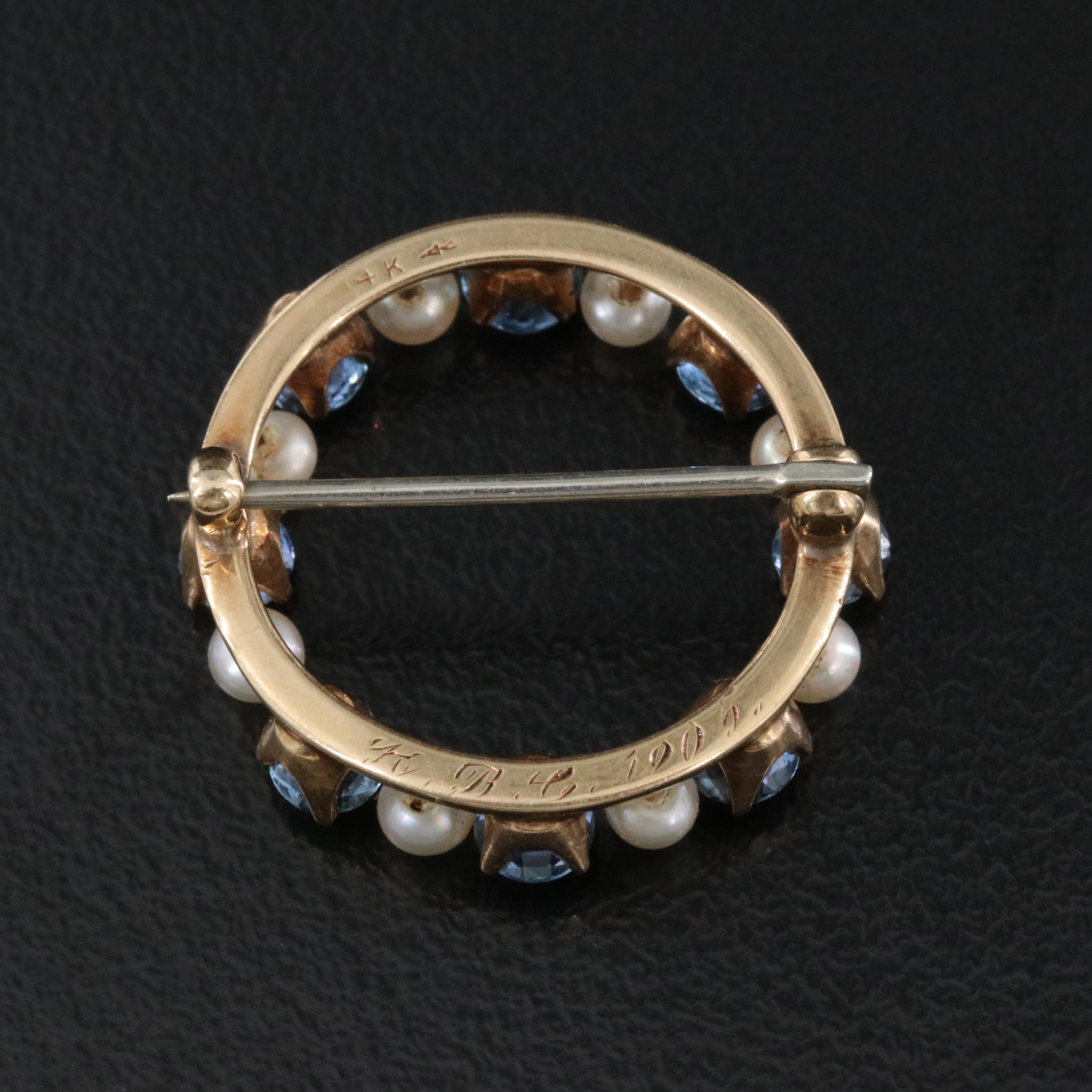 Antique 14K Sapphire and Seed Pearl Circle Pin