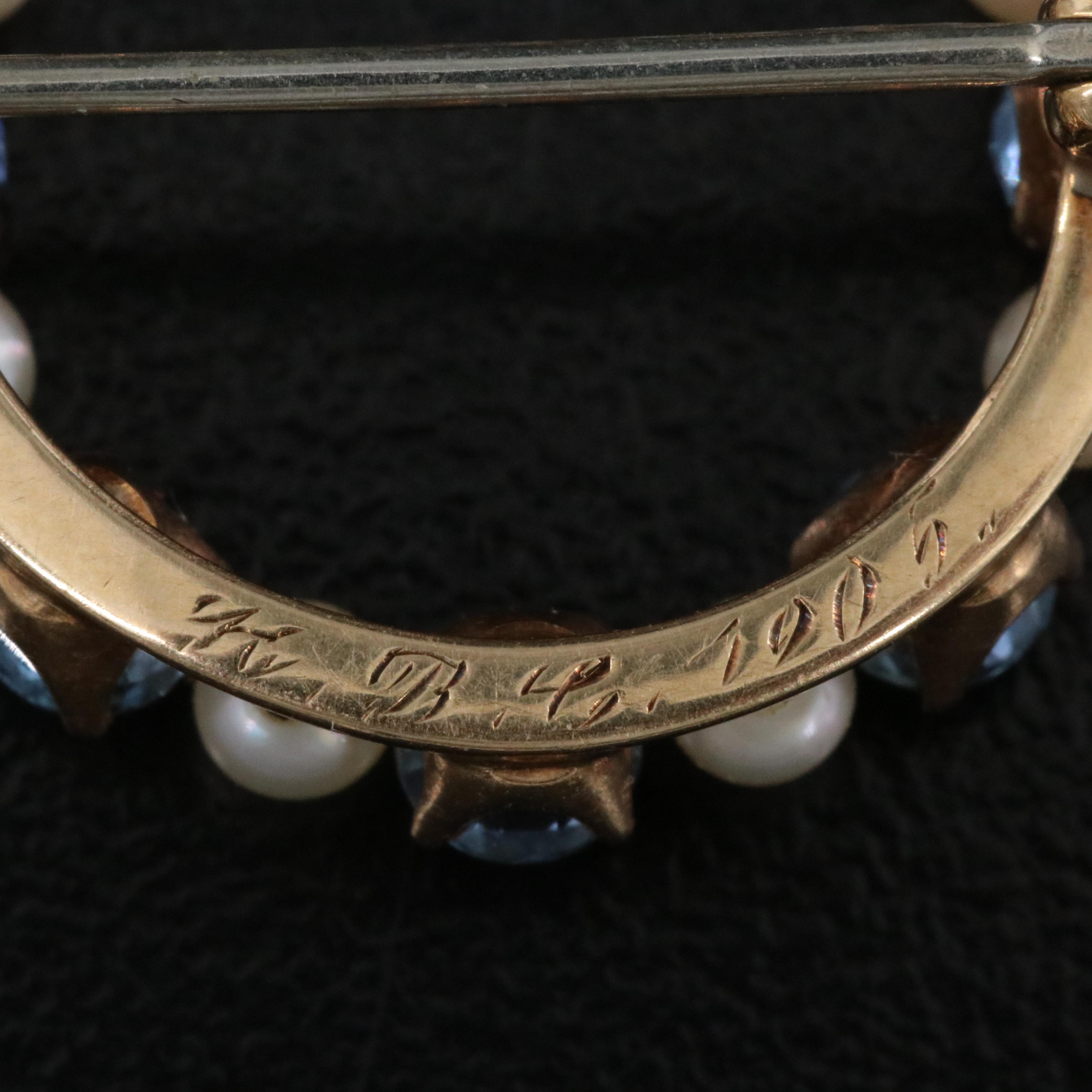 Antique 14K Sapphire and Seed Pearl Circle Pin