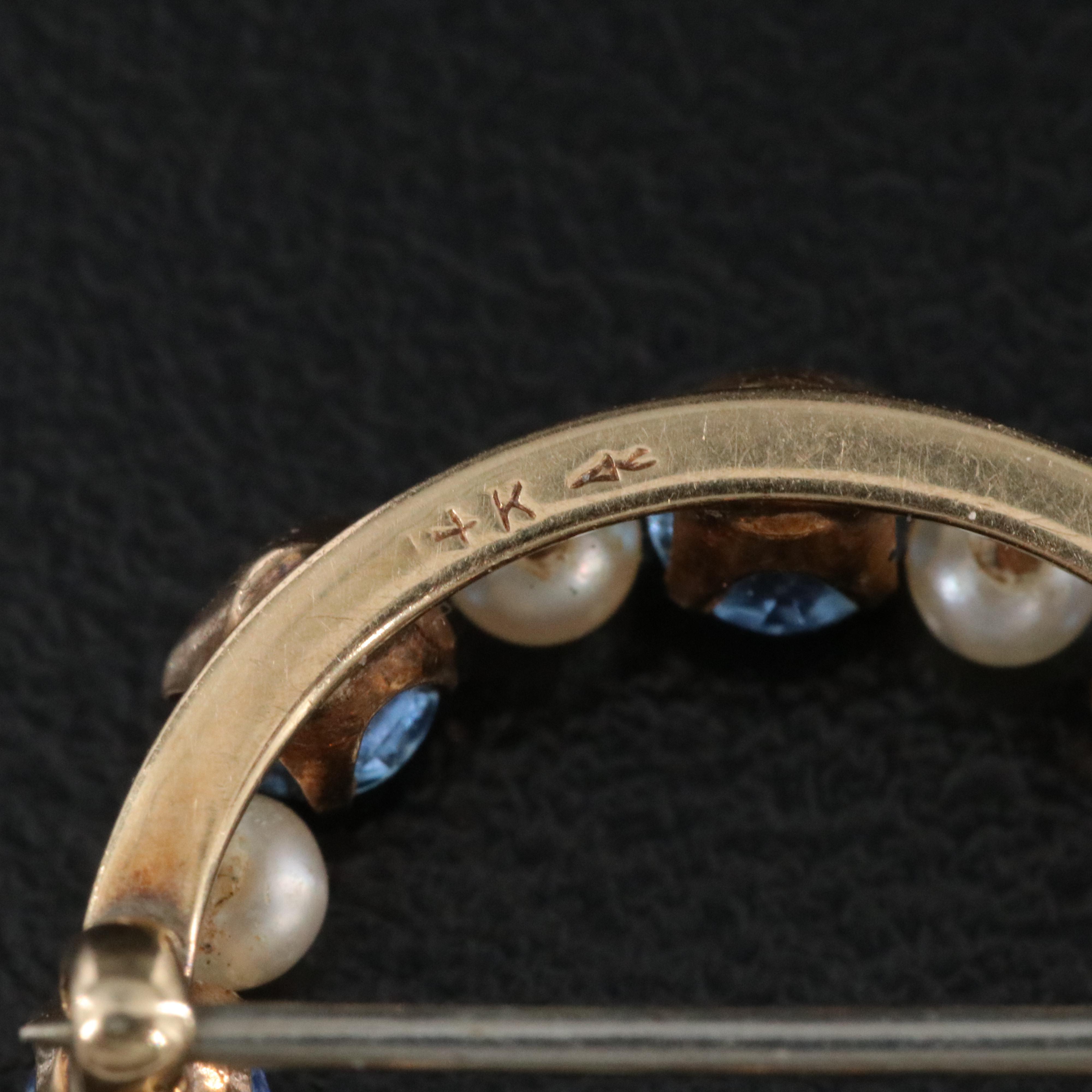 Antique 14K Sapphire and Seed Pearl Circle Pin