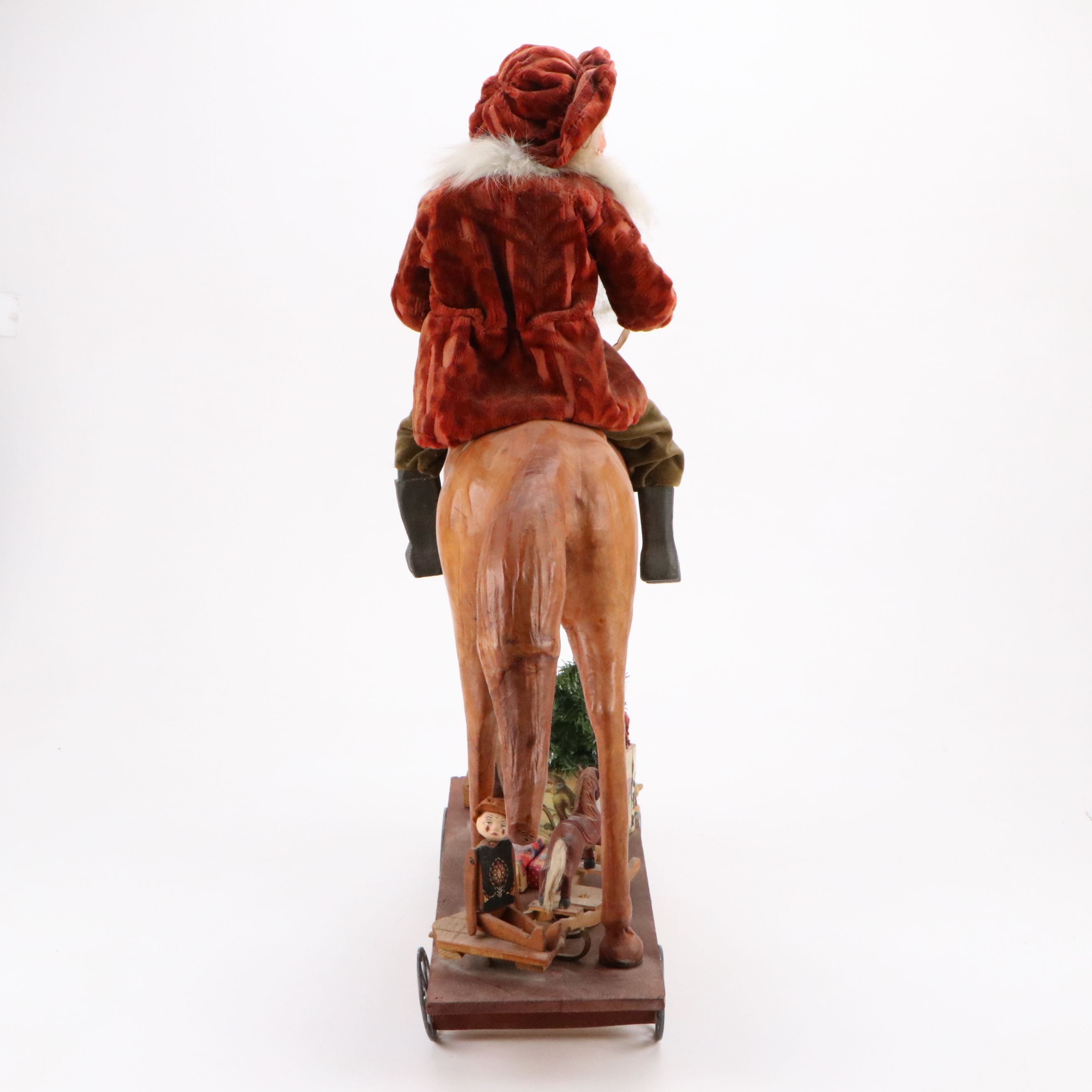 Artisan Victorian Style Santa Claus Riding Leather Wrapped Horse Pull Toy