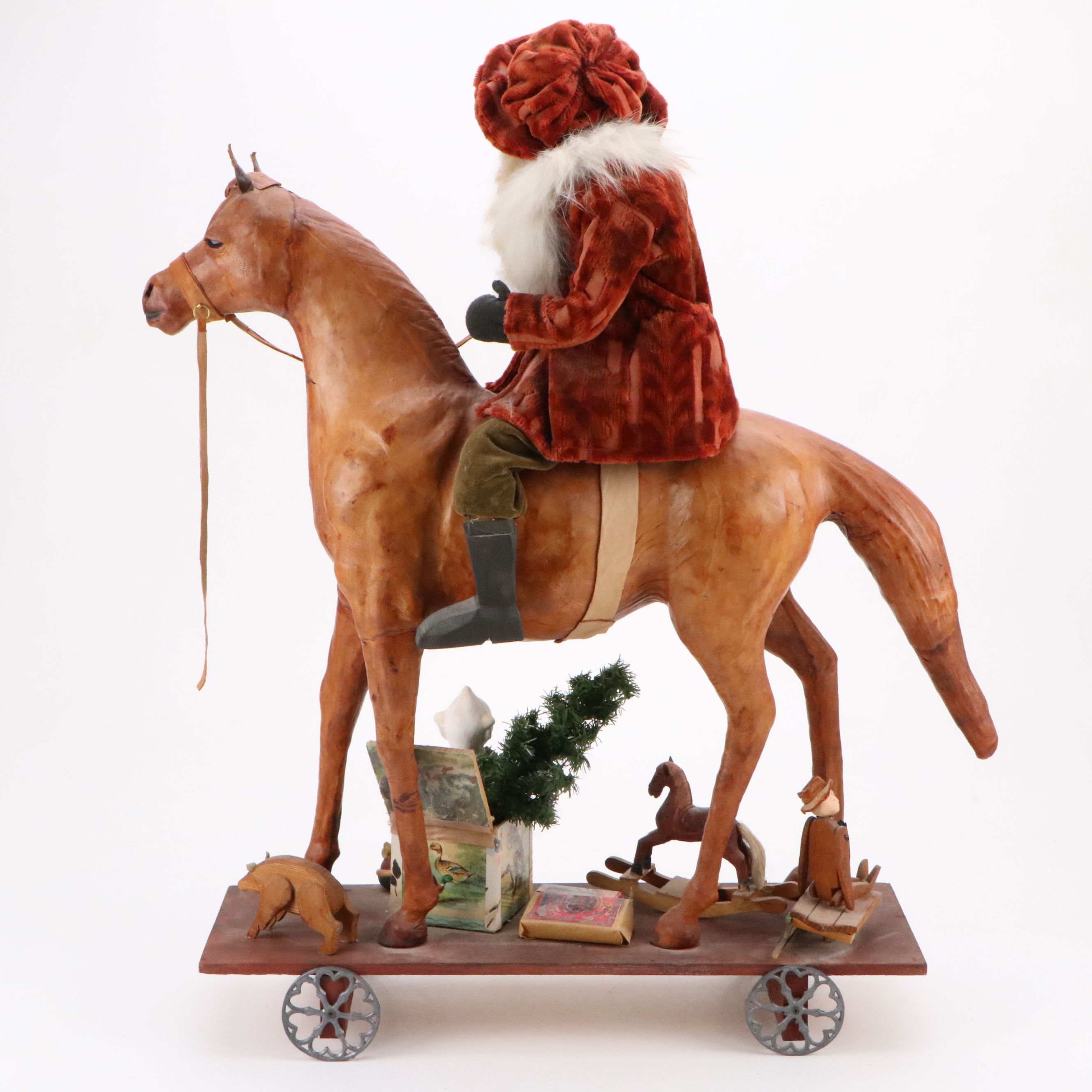 Artisan Victorian Style Santa Claus Riding Leather Wrapped Horse Pull Toy