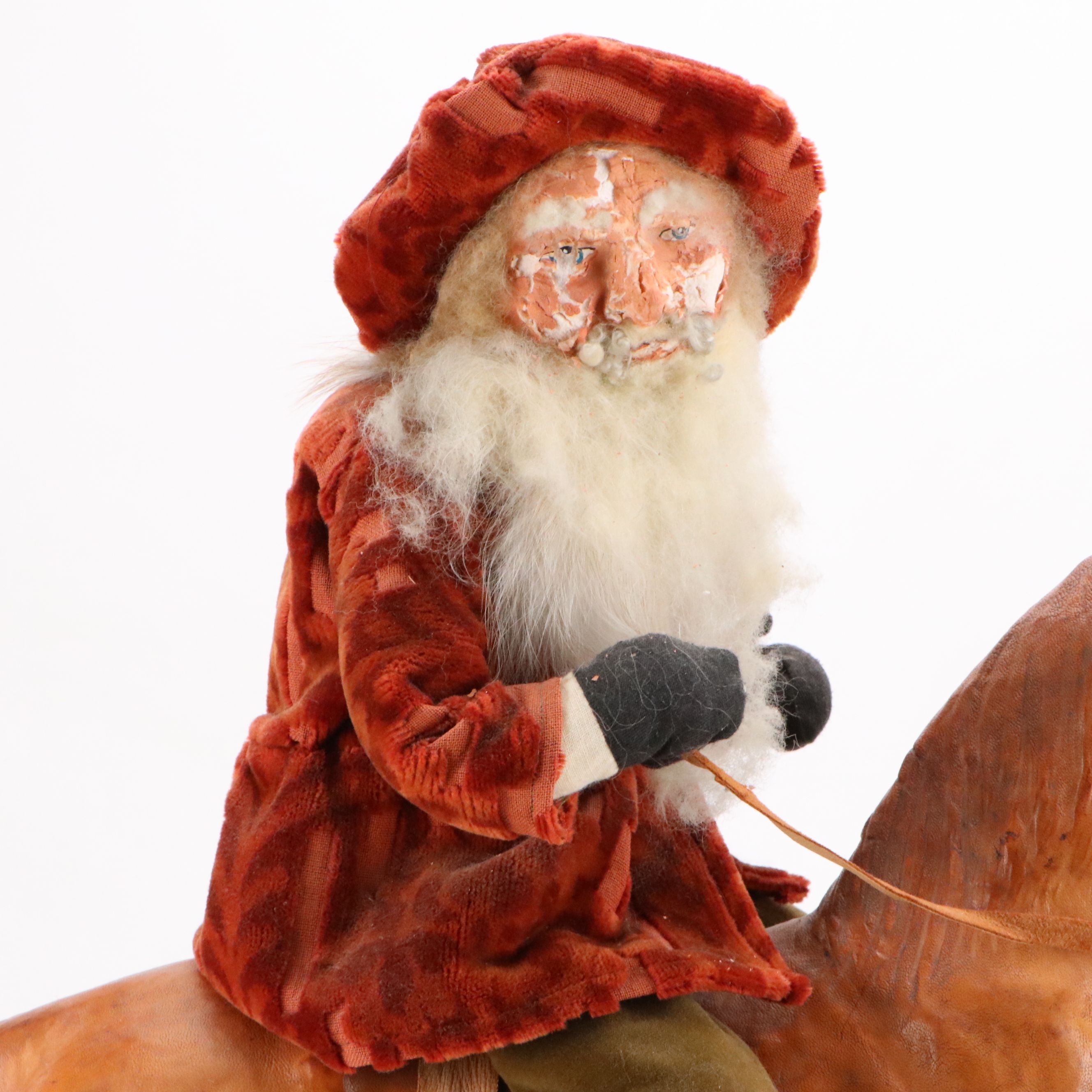 Artisan Victorian Style Santa Claus Riding Leather Wrapped Horse Pull Toy