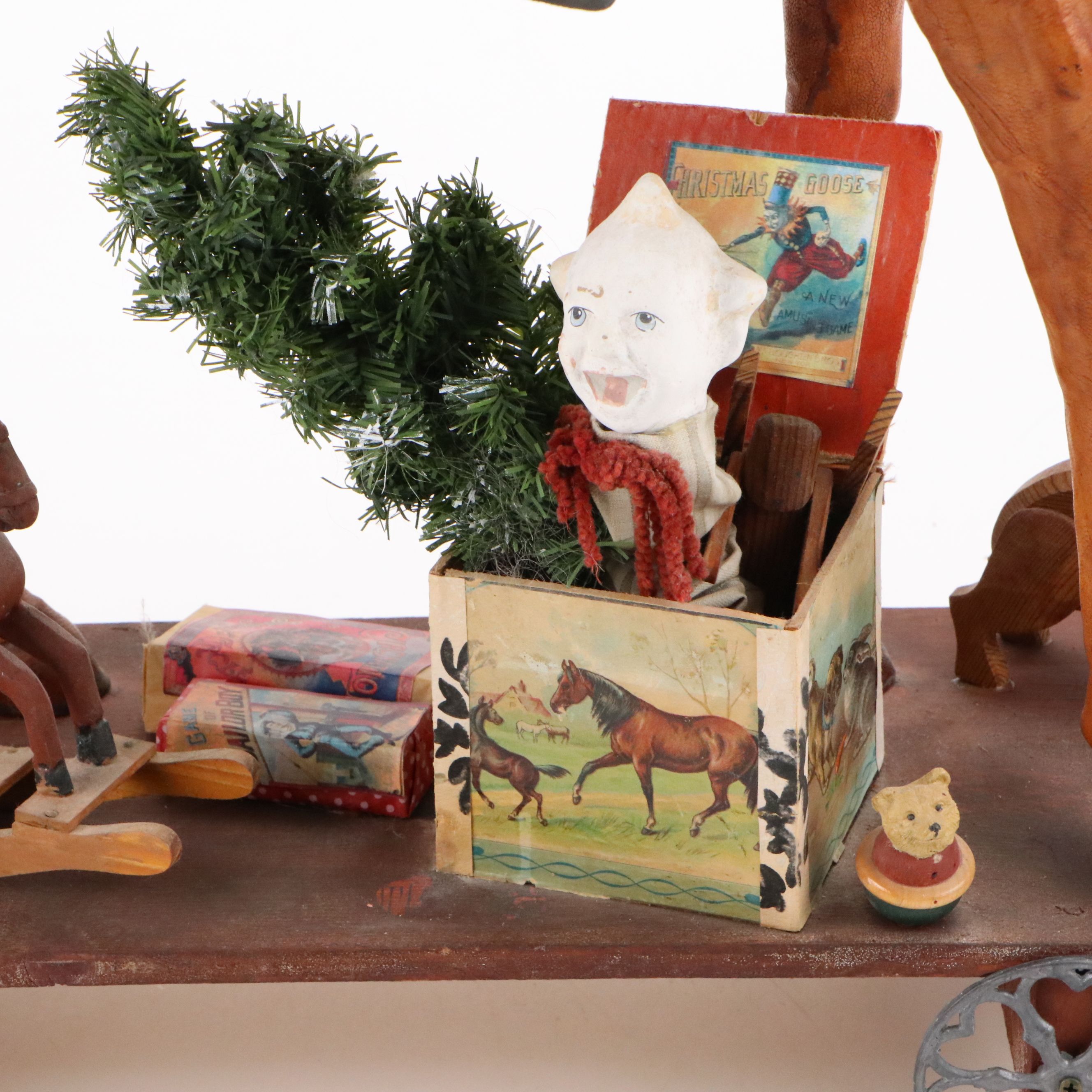 Artisan Victorian Style Santa Claus Riding Leather Wrapped Horse Pull Toy