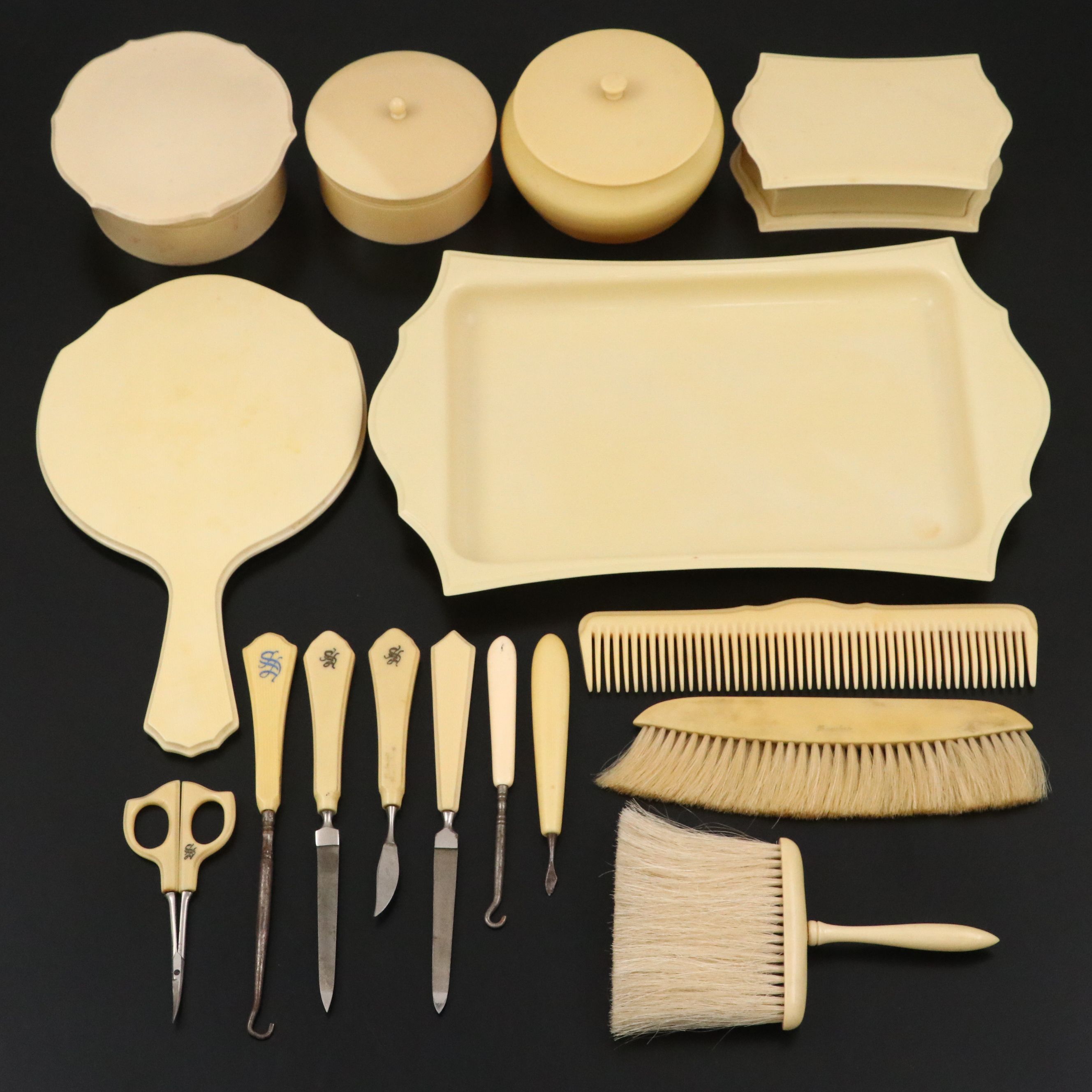 French Ivory Vanity Set with Nail Tools, Boxes and Hand Held Mirror
