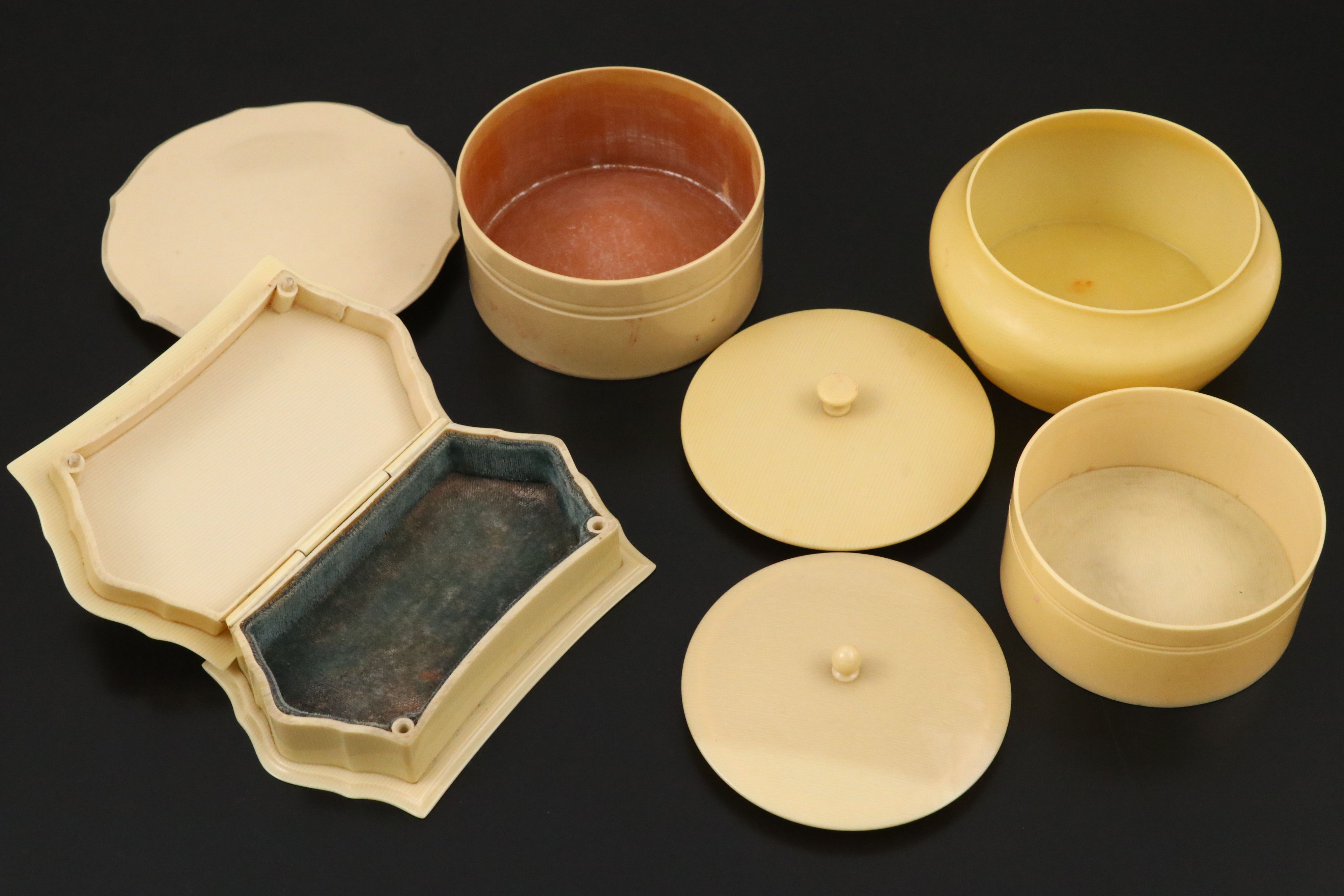 French Ivory Vanity Set with Nail Tools, Boxes and Hand Held Mirror