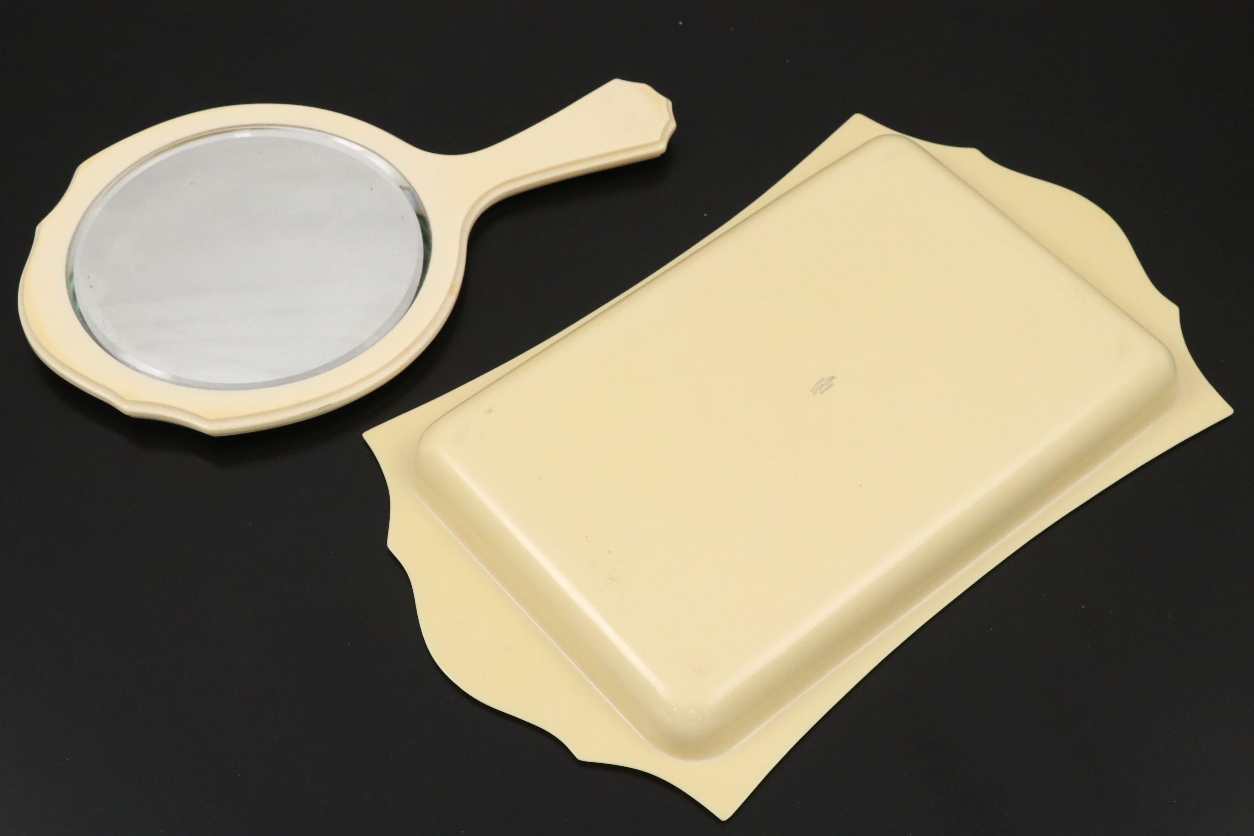 French Ivory Vanity Set with Nail Tools, Boxes and Hand Held Mirror