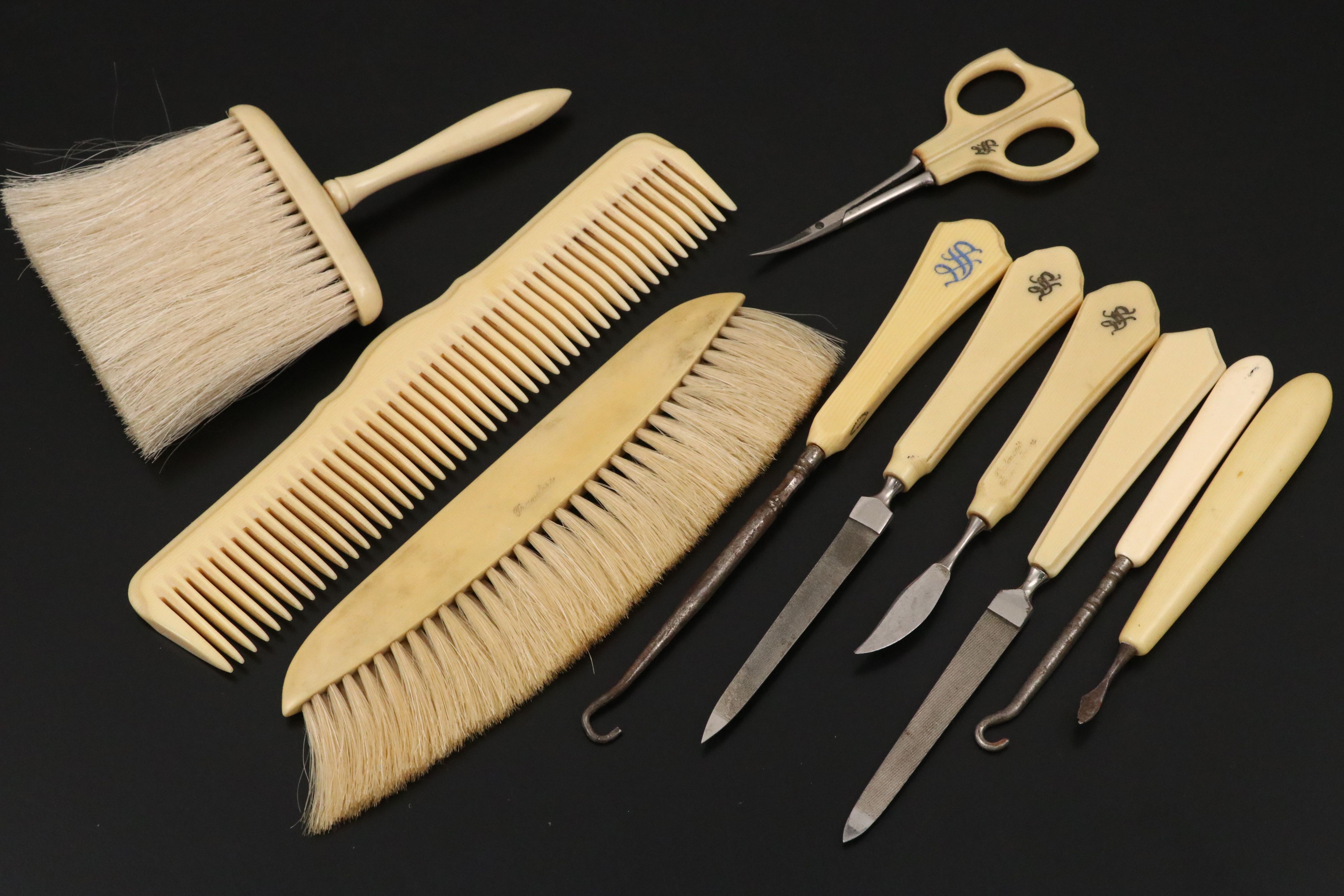French Ivory Vanity Set with Nail Tools, Boxes and Hand Held Mirror
