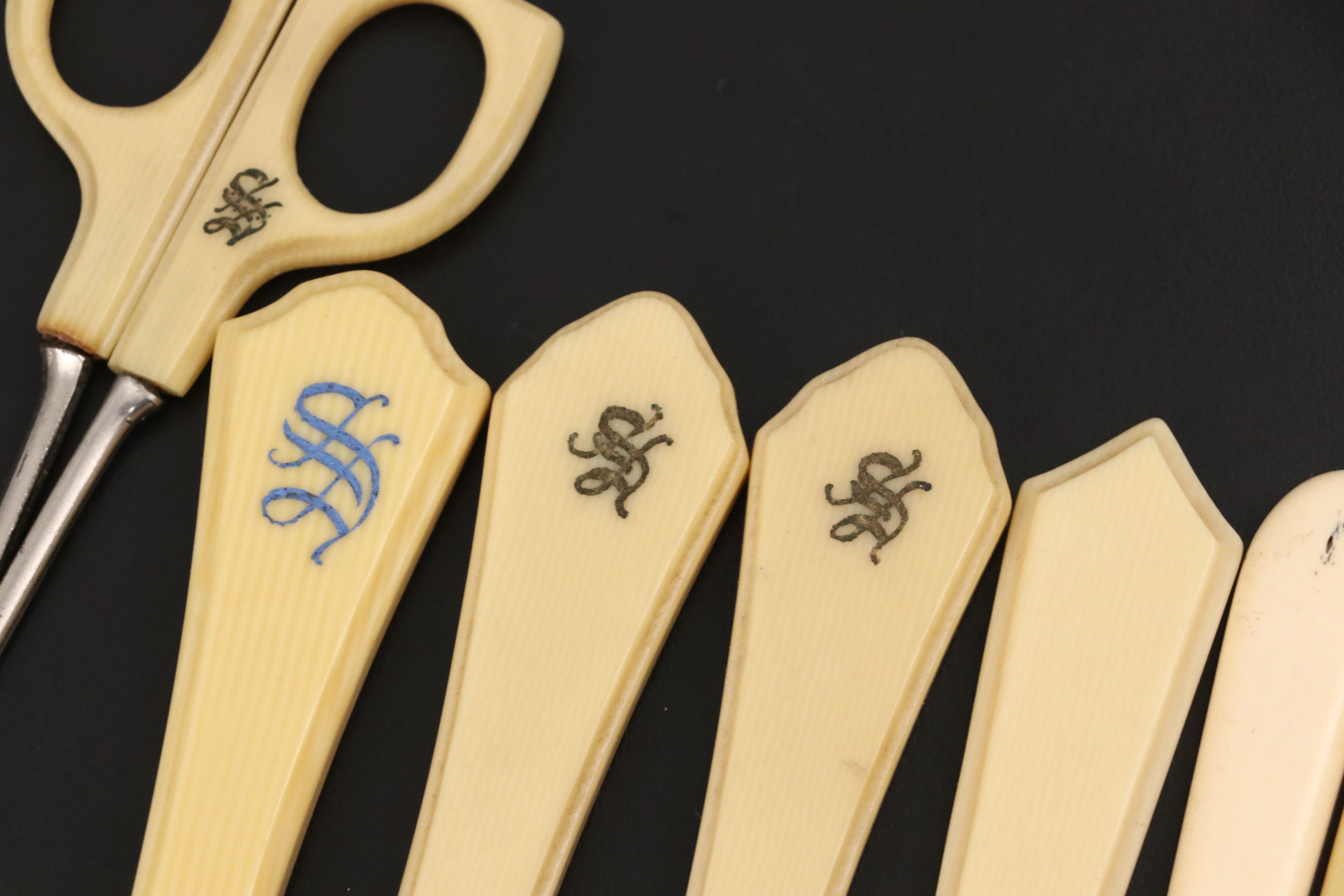 French Ivory Vanity Set with Nail Tools, Boxes and Hand Held Mirror