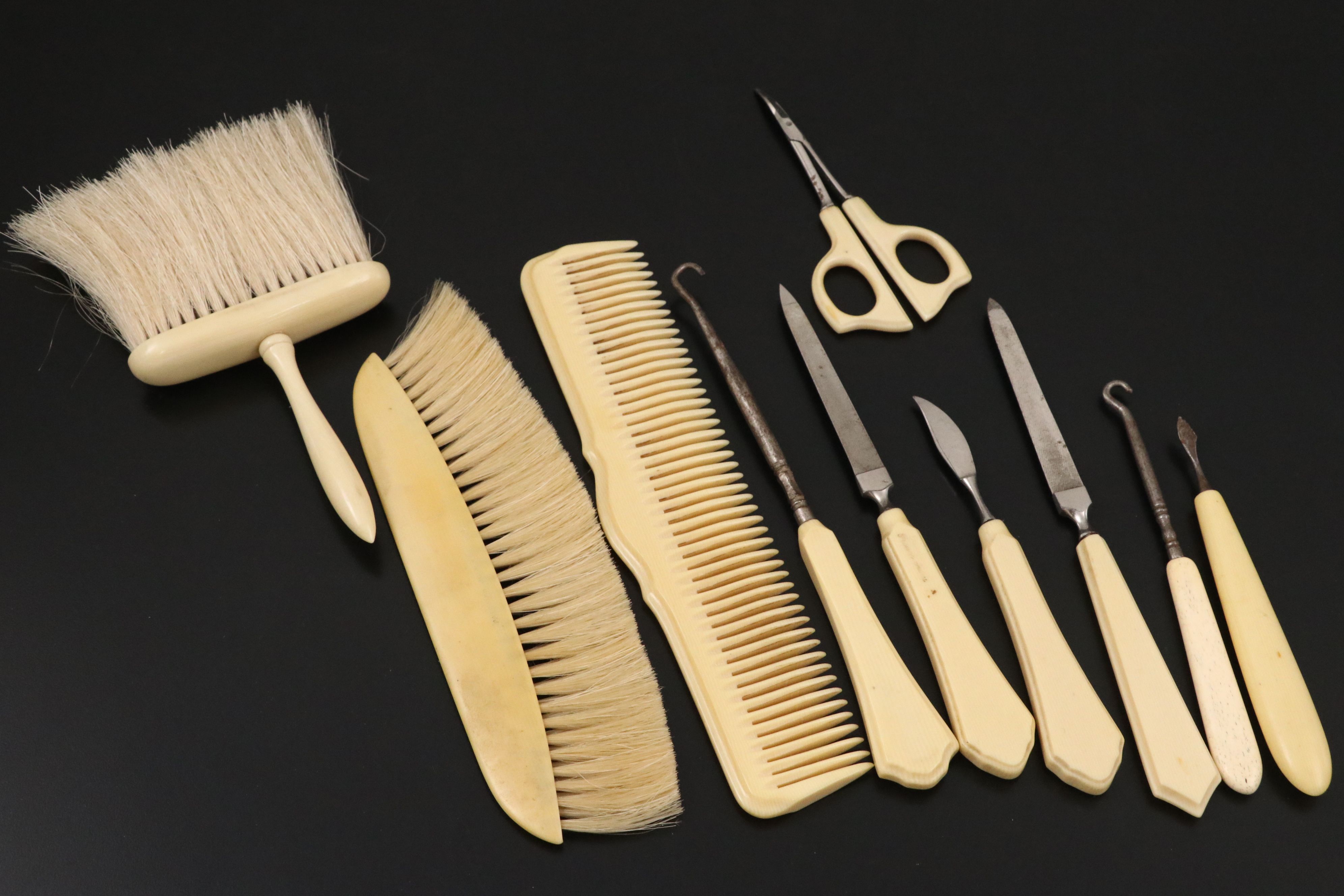 French Ivory Vanity Set with Nail Tools, Boxes and Hand Held Mirror