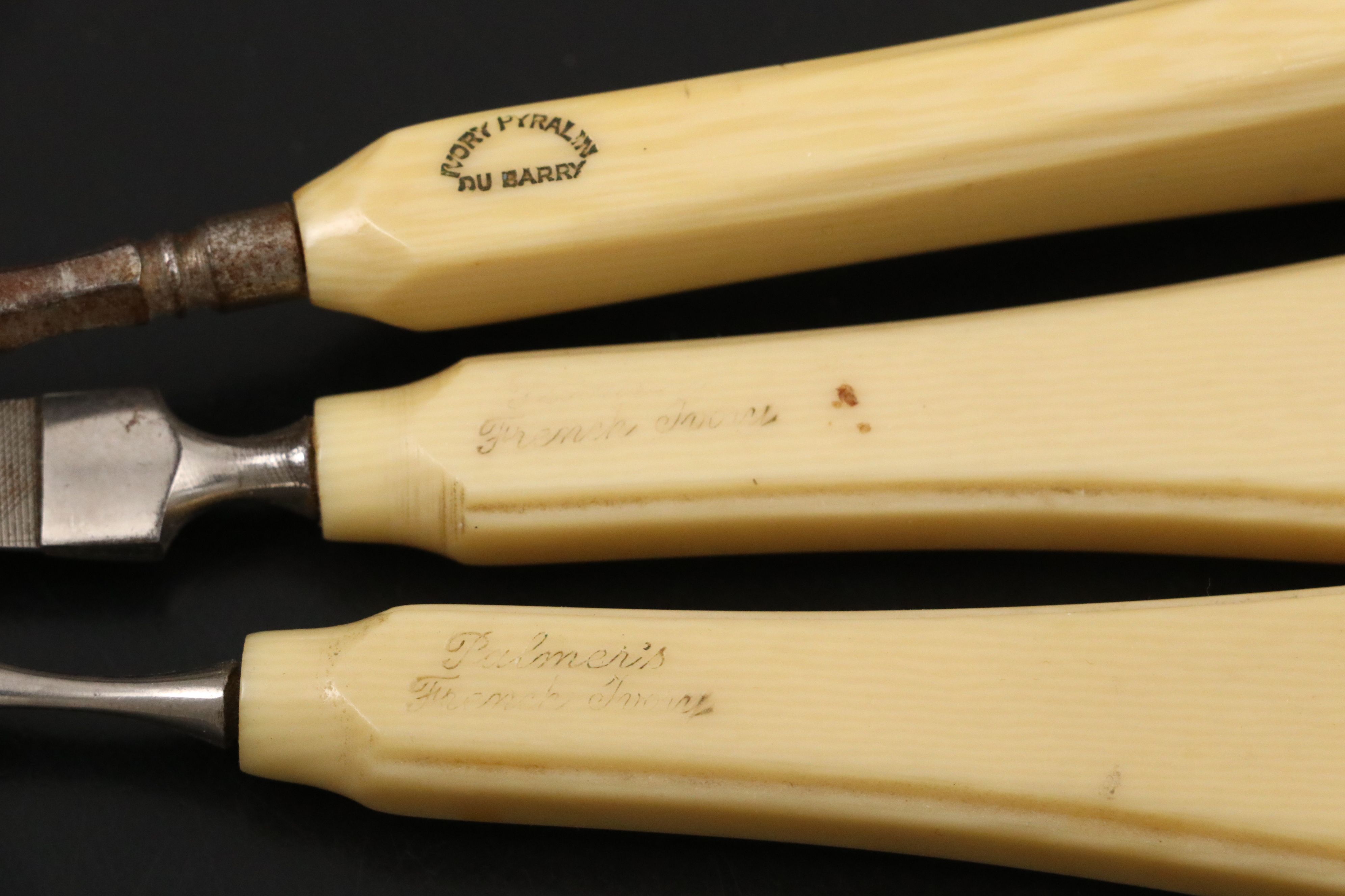 French Ivory Vanity Set with Nail Tools, Boxes and Hand Held Mirror