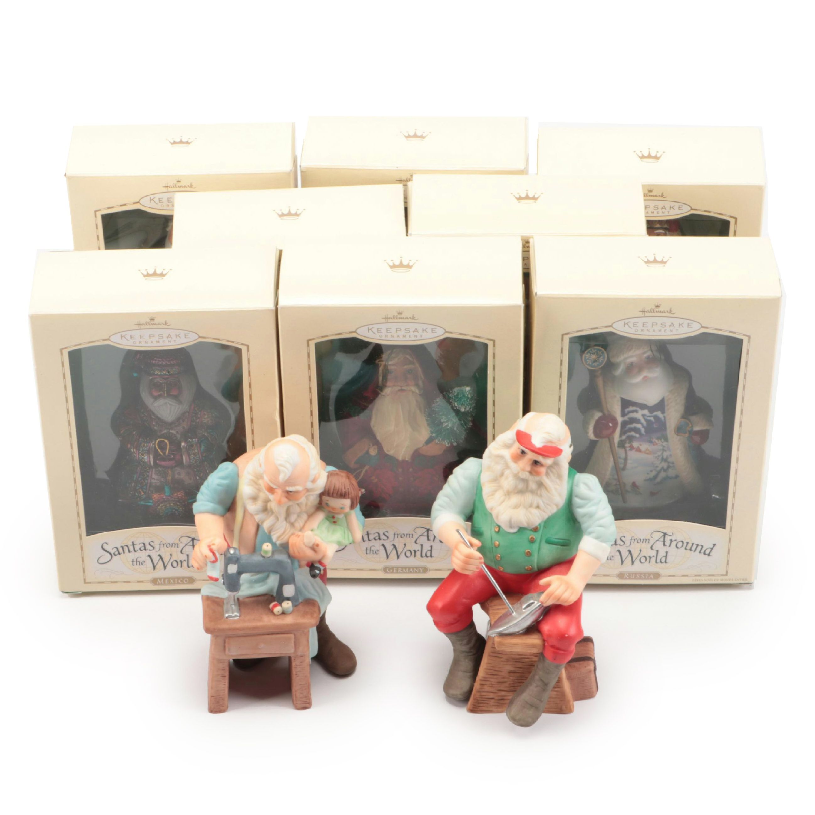Hallmark "Santas from Around the World" Ornaments with "The Toymaker" Figurines