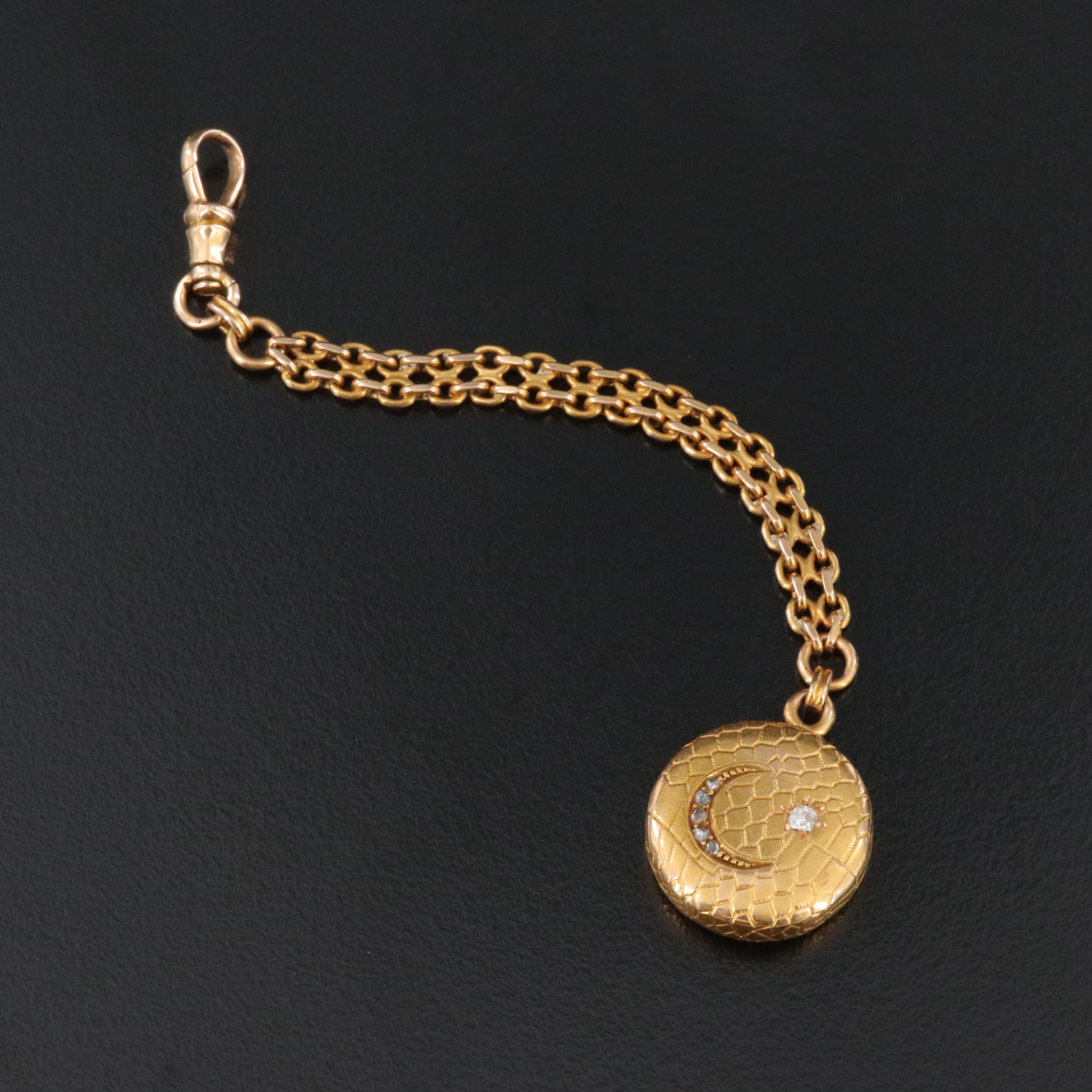 Antique 14K 0.07 CTW Diamond Crescent Moon and Star Fob Charm and Watch Chain