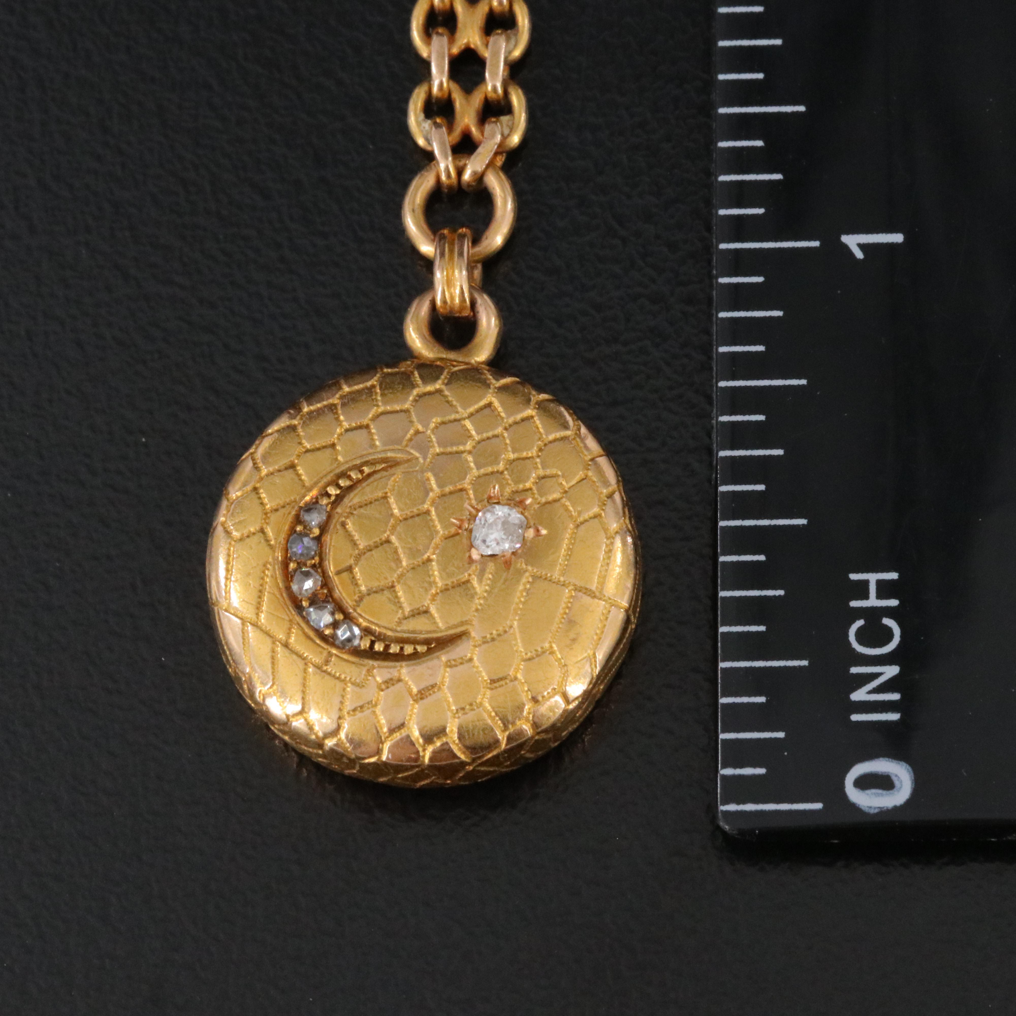 Antique 14K 0.07 CTW Diamond Crescent Moon and Star Fob Charm and Watch Chain