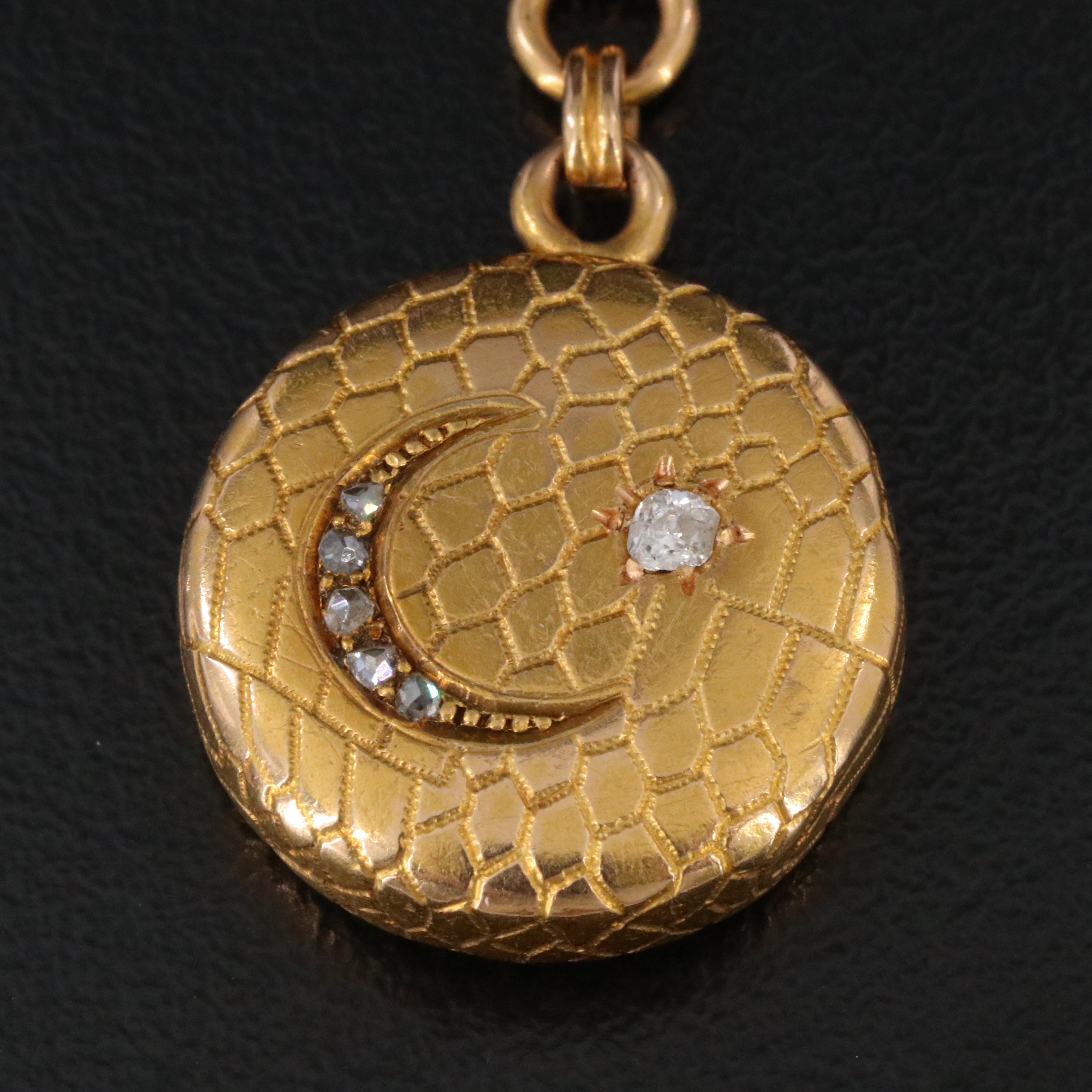 Antique 14K 0.07 CTW Diamond Crescent Moon and Star Fob Charm and Watch Chain