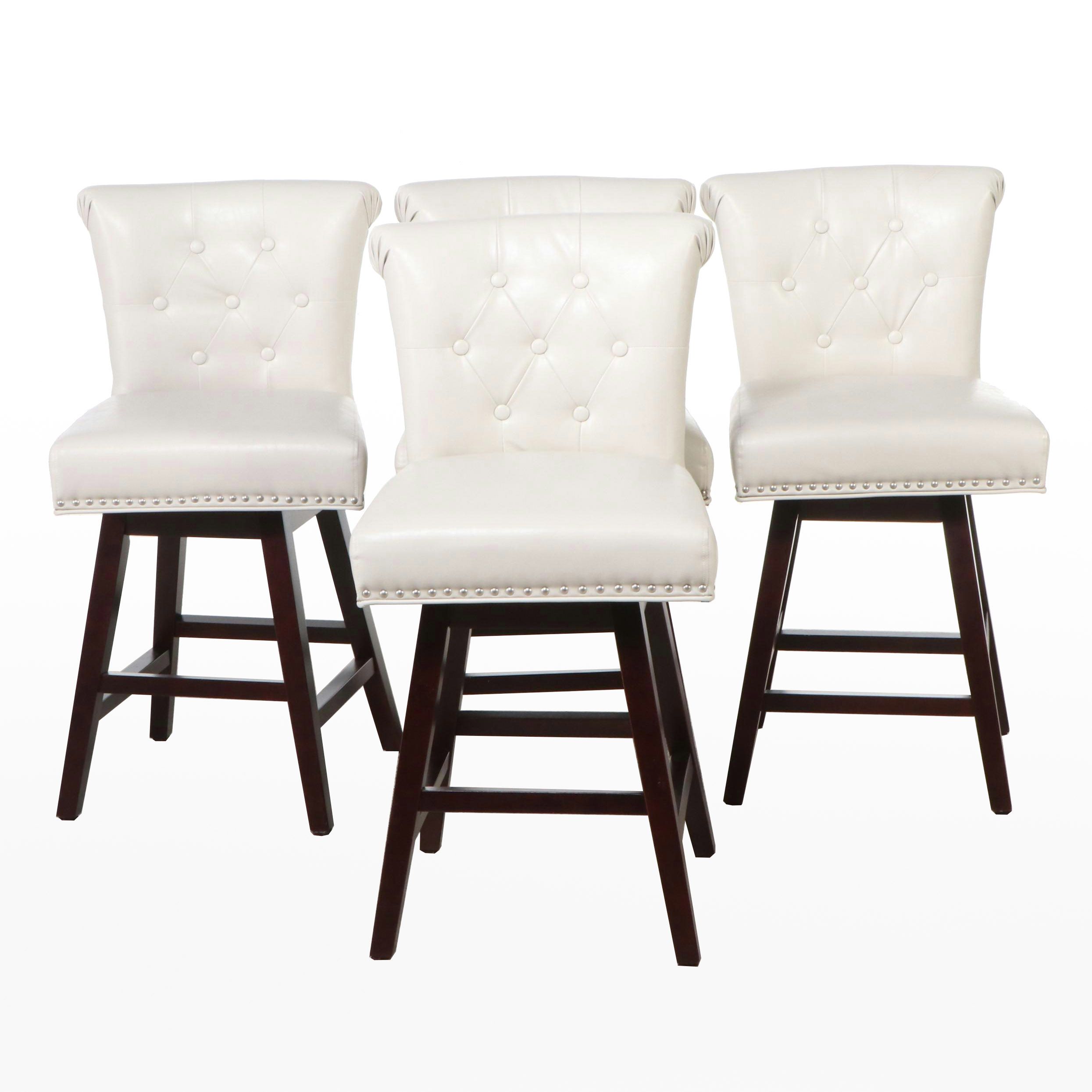 Set of Four Contemporary Button-Tufted Faux Leather Swivel Barstools