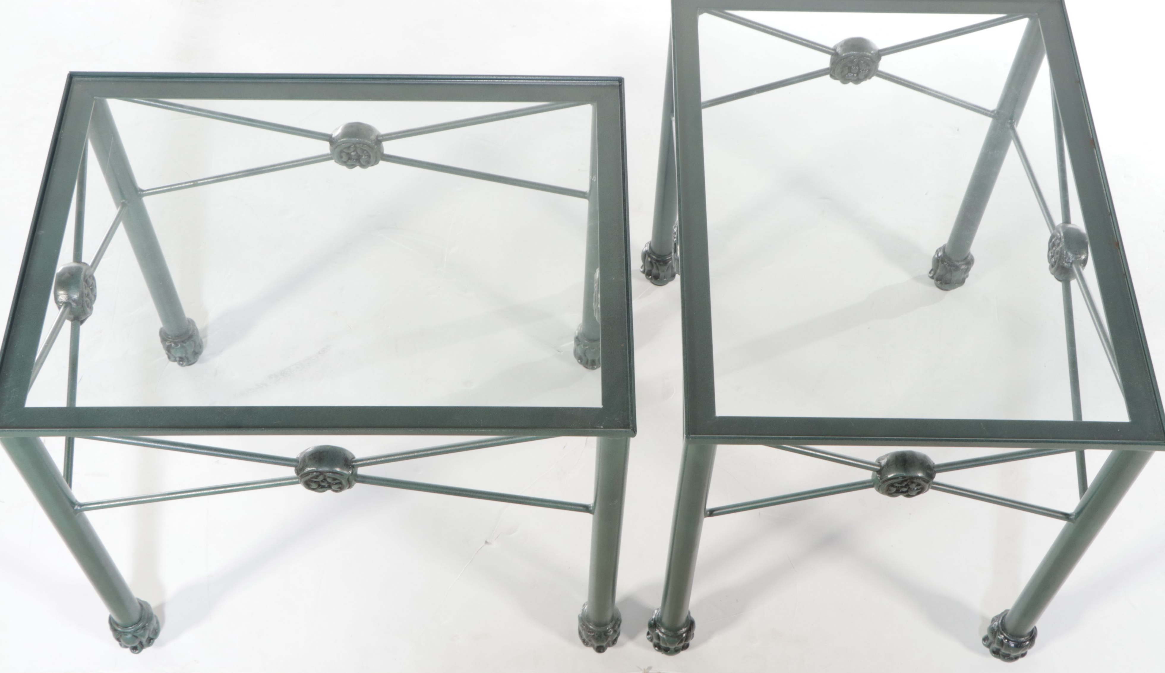 Pair of Wrought Iron Frame End Tables with Glass Tops