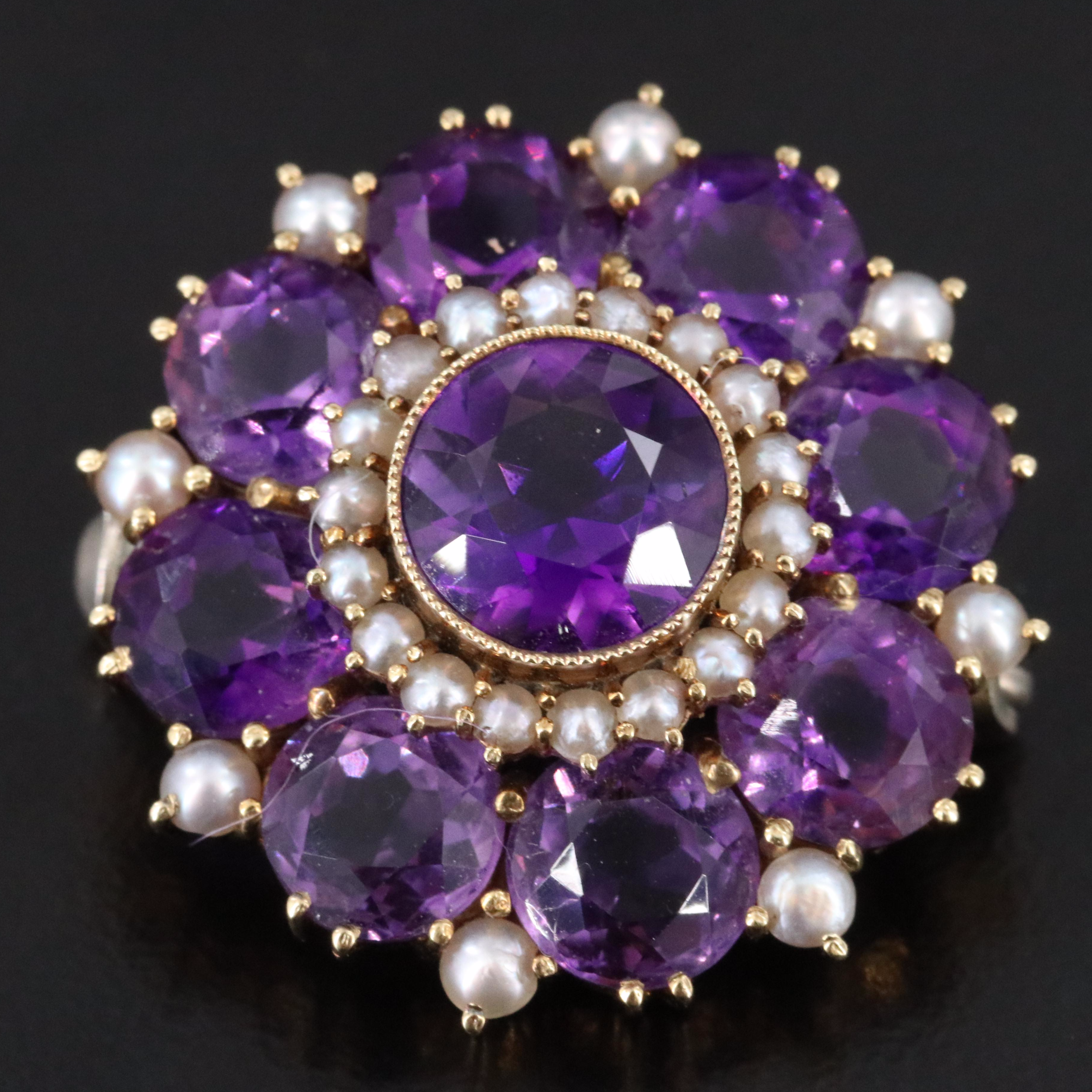 Vintage 14K Amethyst and Pearl Brooch