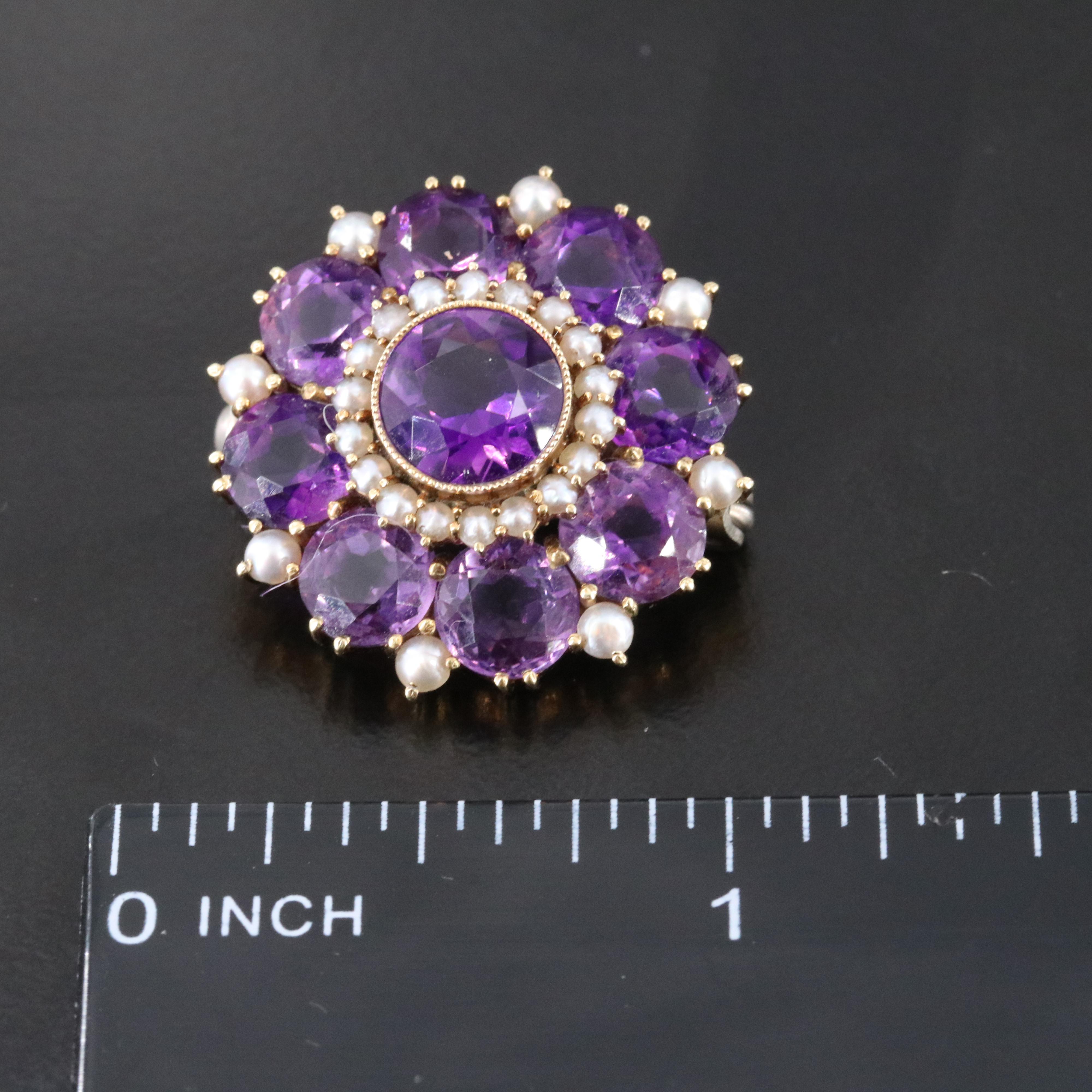 Vintage 14K Amethyst and Pearl Brooch