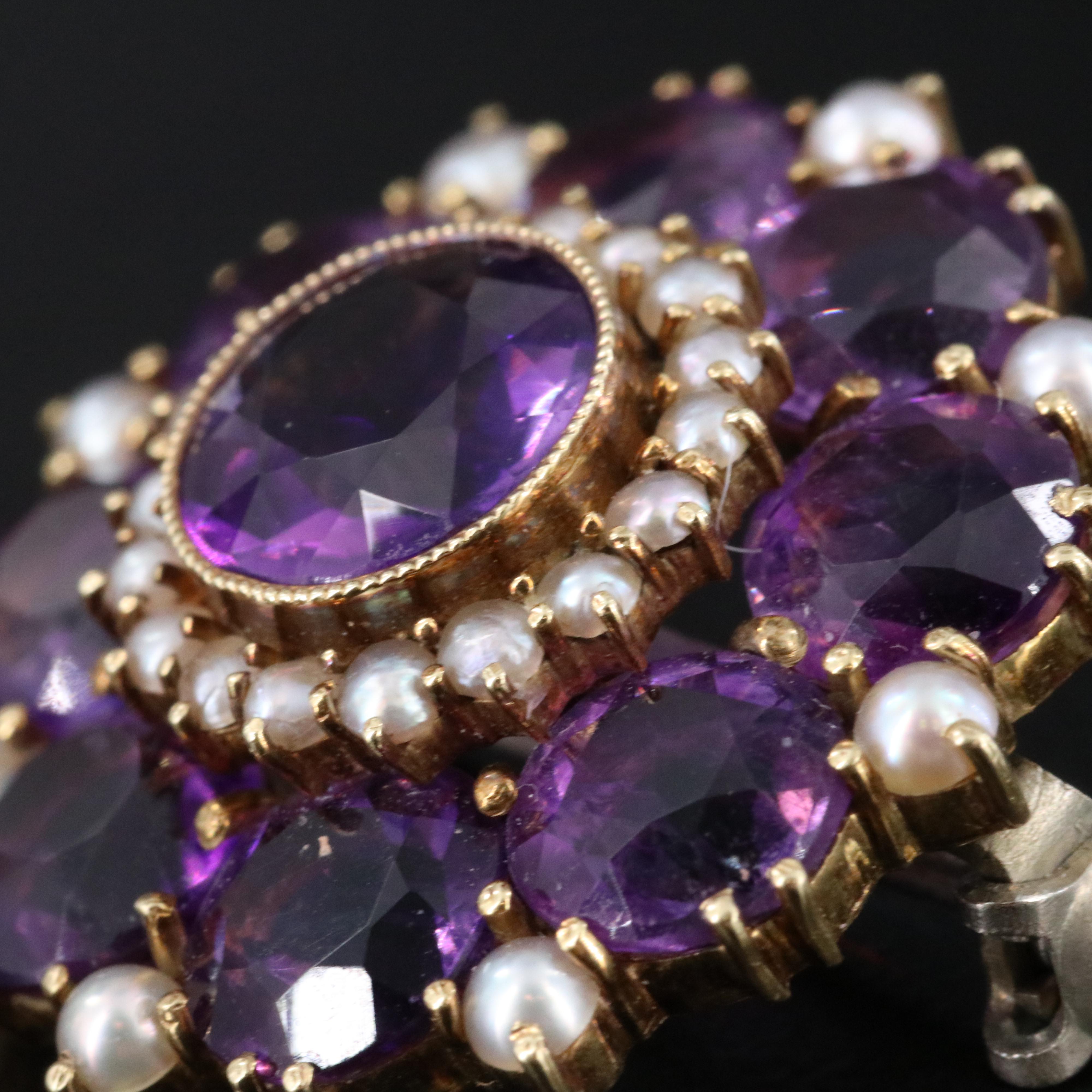Vintage 14K Amethyst and Pearl Brooch