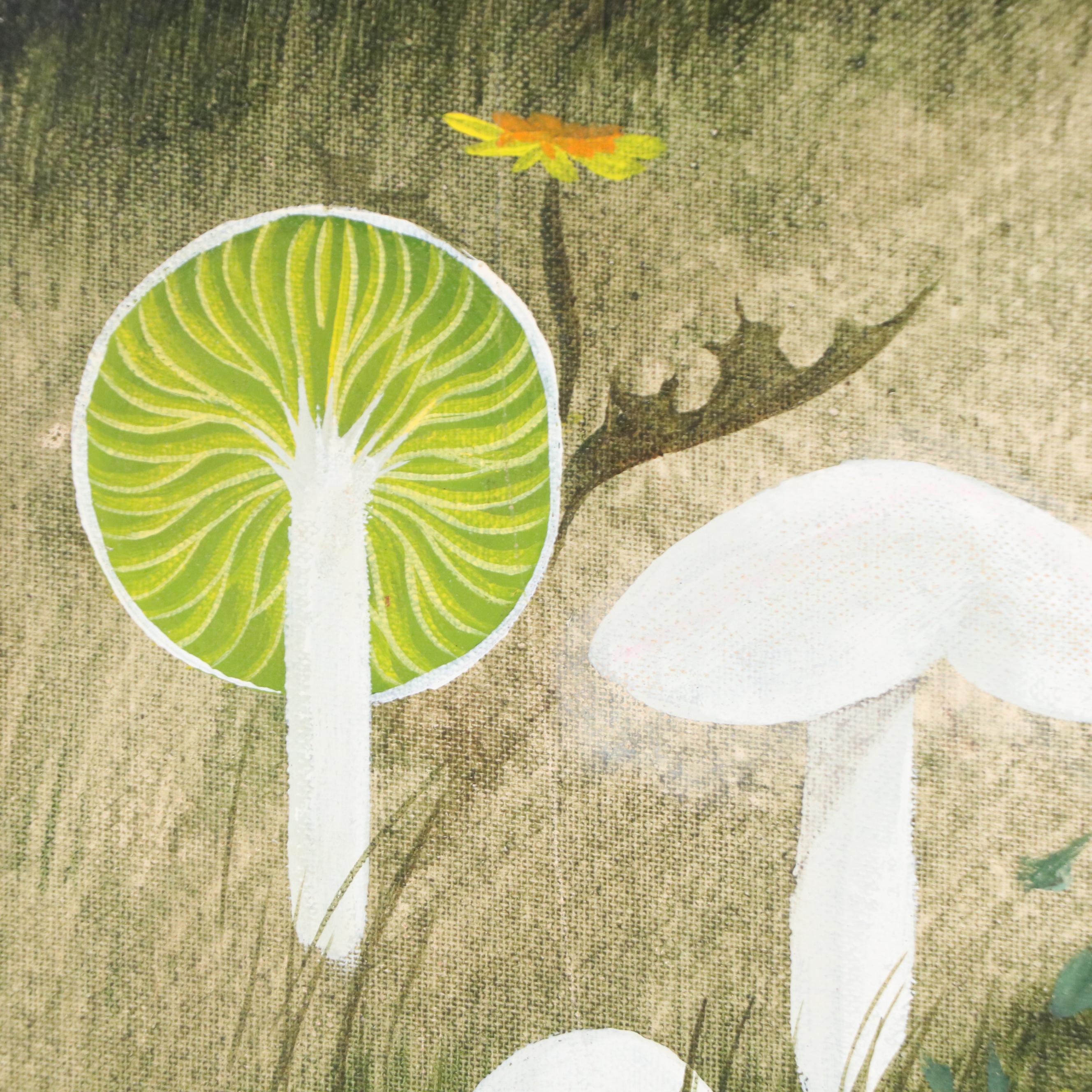 Louise Suits Acrylic Painting of Mushrooms and Dandelions, Late 20th Century