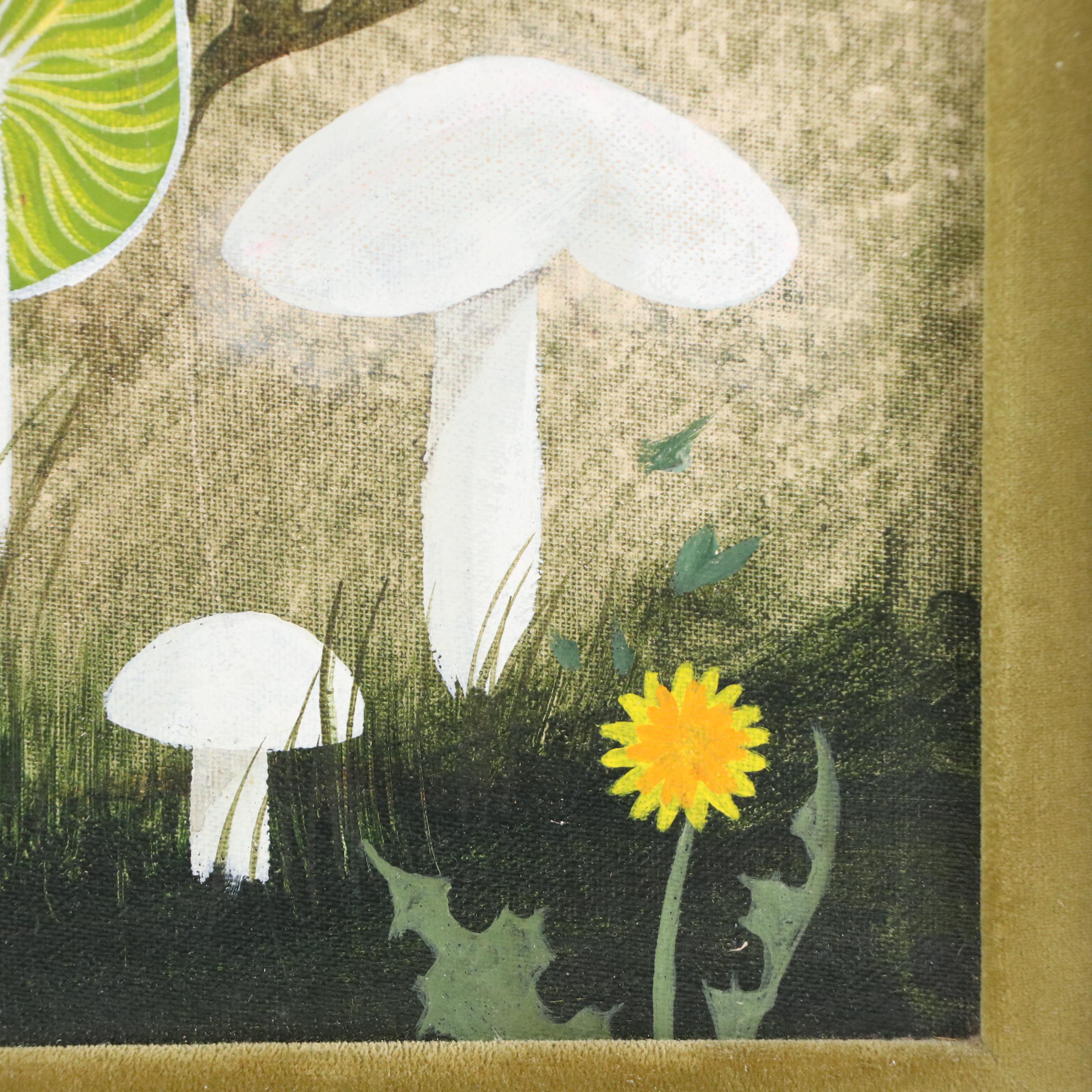 Louise Suits Acrylic Painting of Mushrooms and Dandelions, Late 20th Century