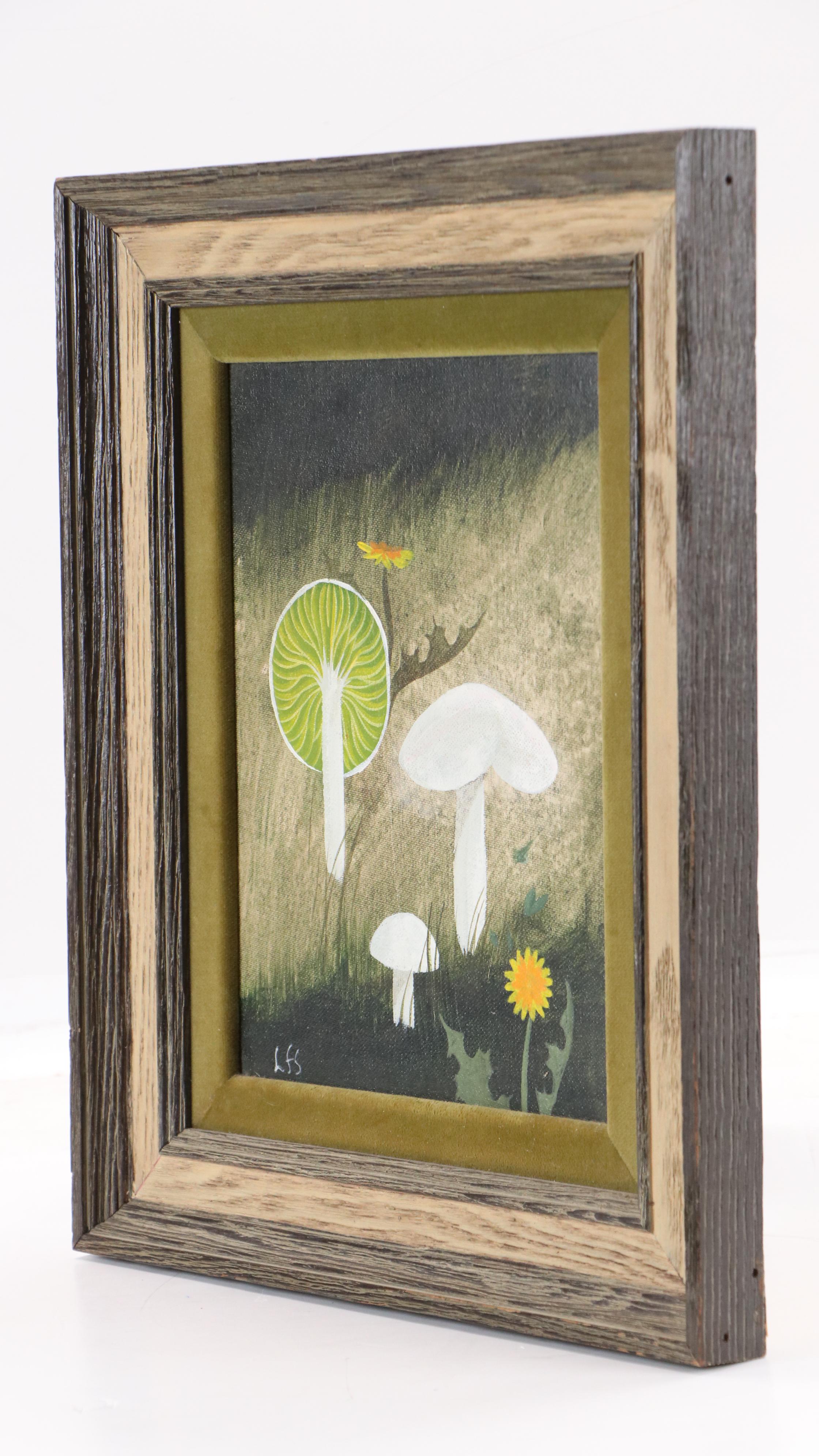Louise Suits Acrylic Painting of Mushrooms and Dandelions, Late 20th Century