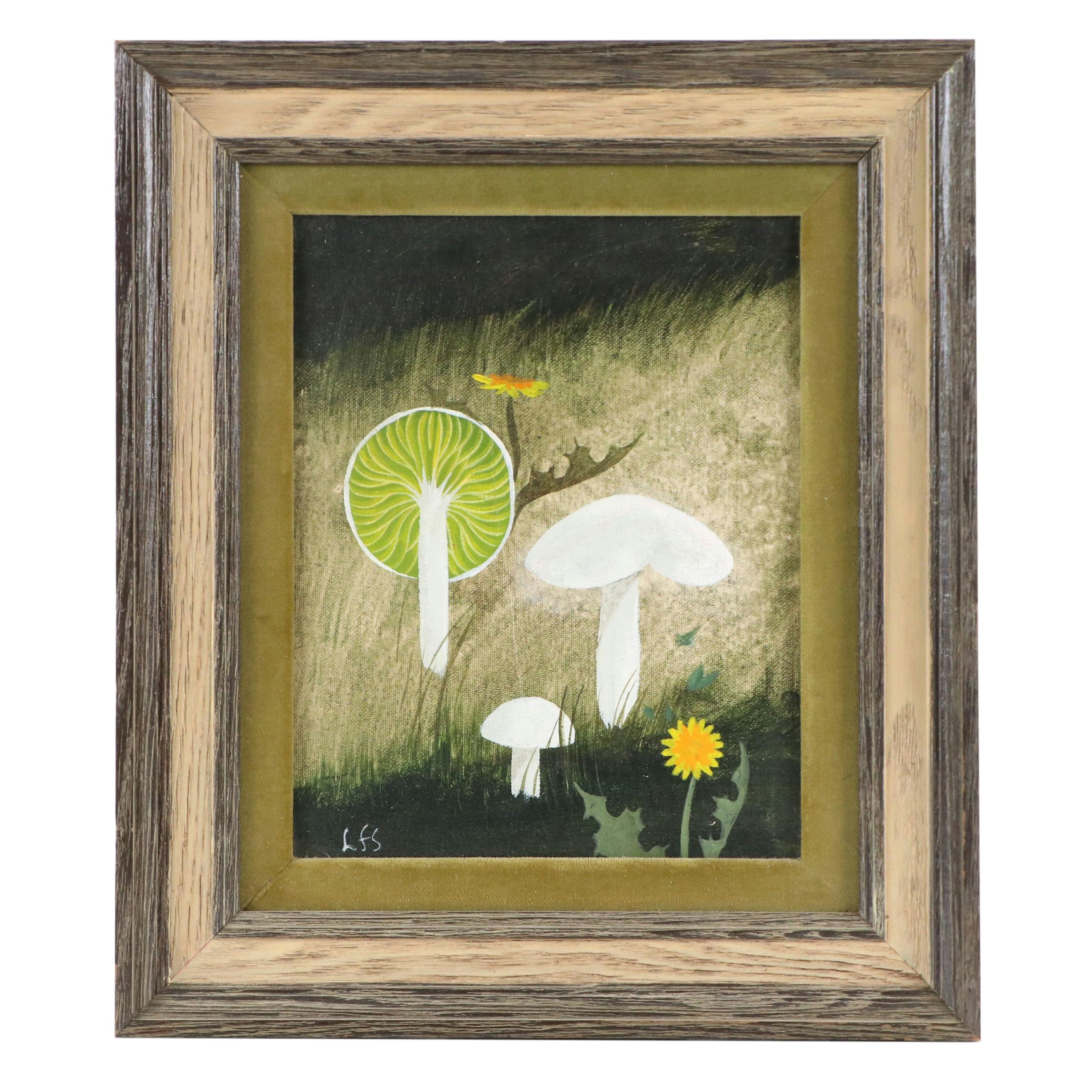 Louise Suits Acrylic Painting of Mushrooms and Dandelions, Late 20th Century