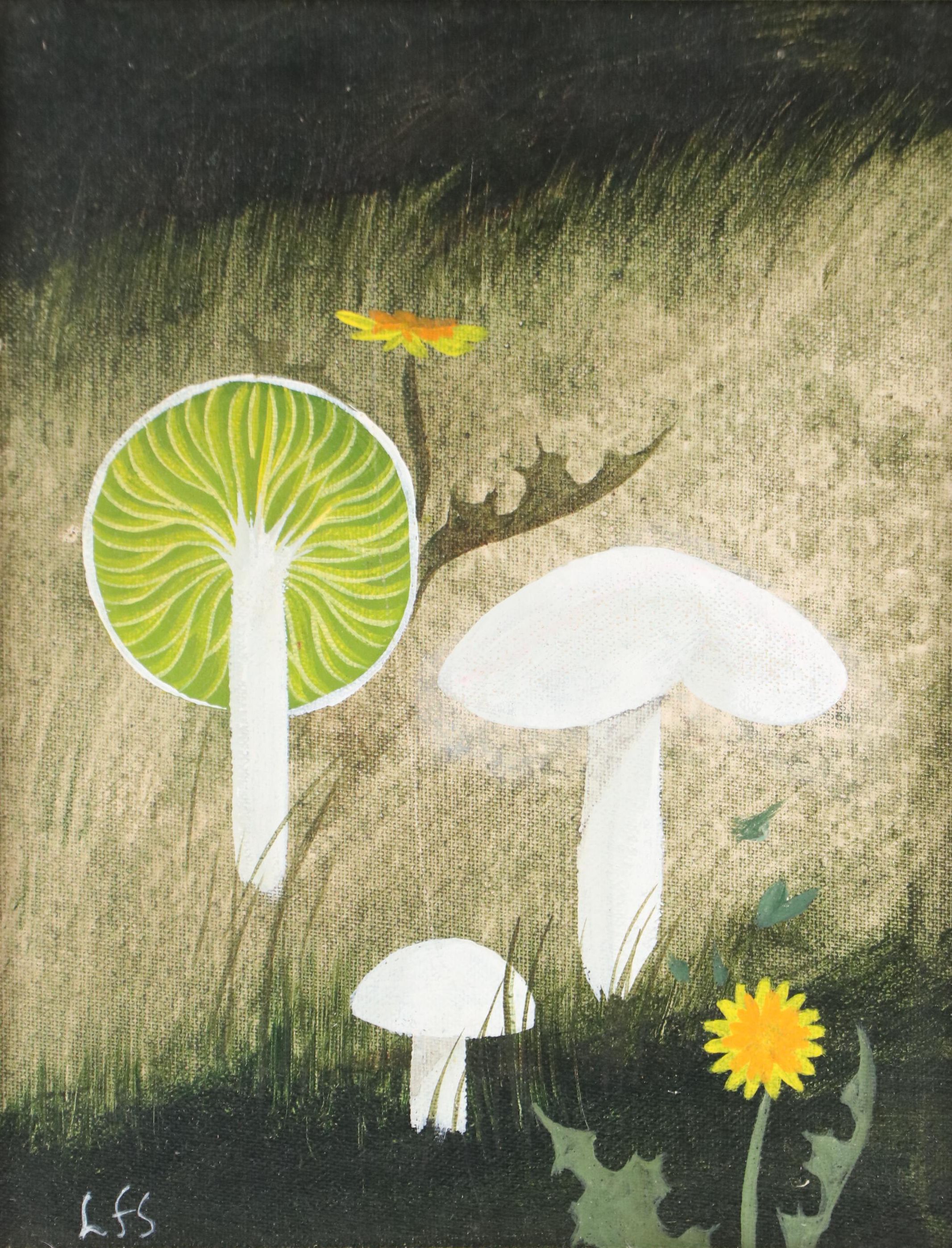 Louise Suits Acrylic Painting of Mushrooms and Dandelions, Late 20th Century