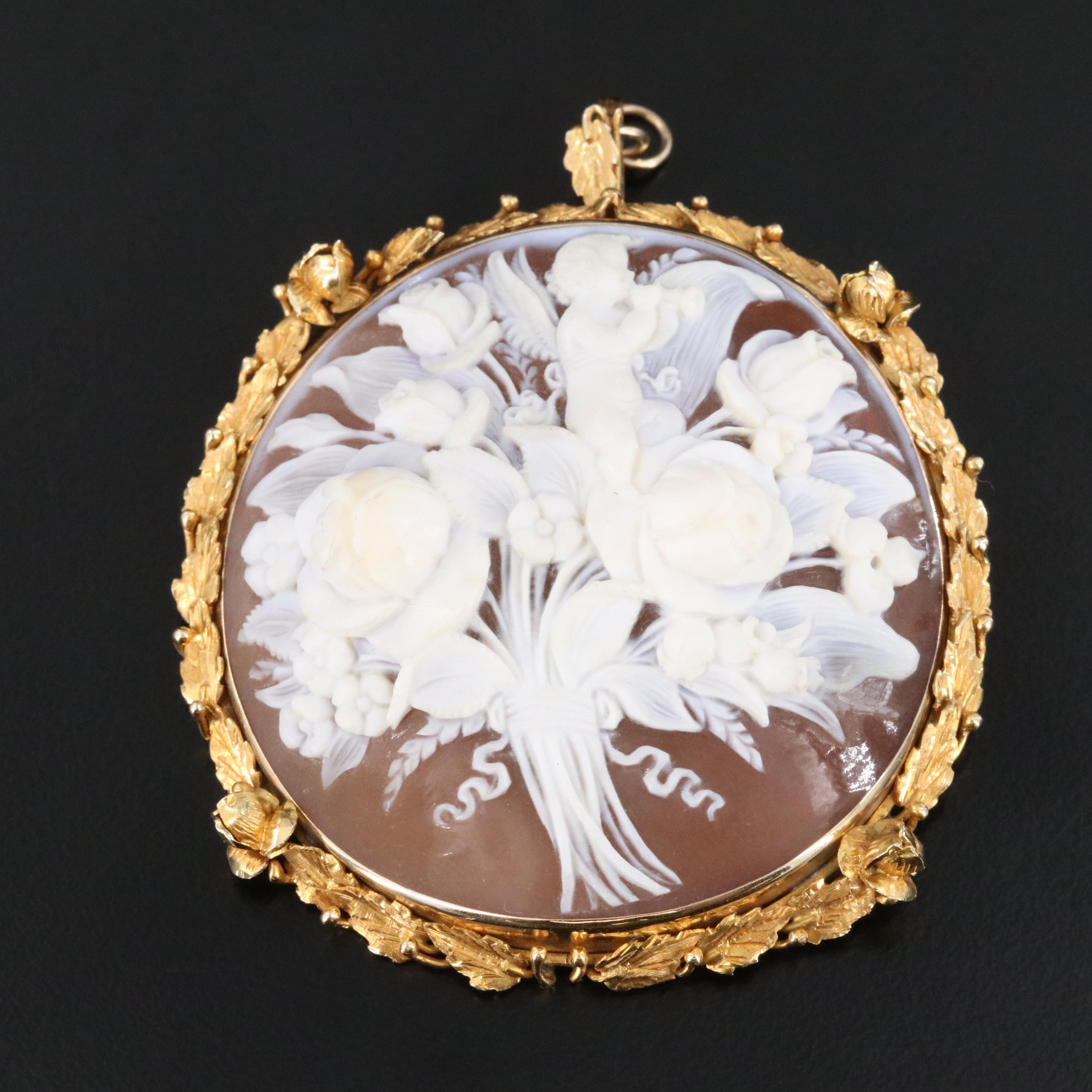 Vintage 14K Shell Floral and Cherub Cameo Converter Brooch