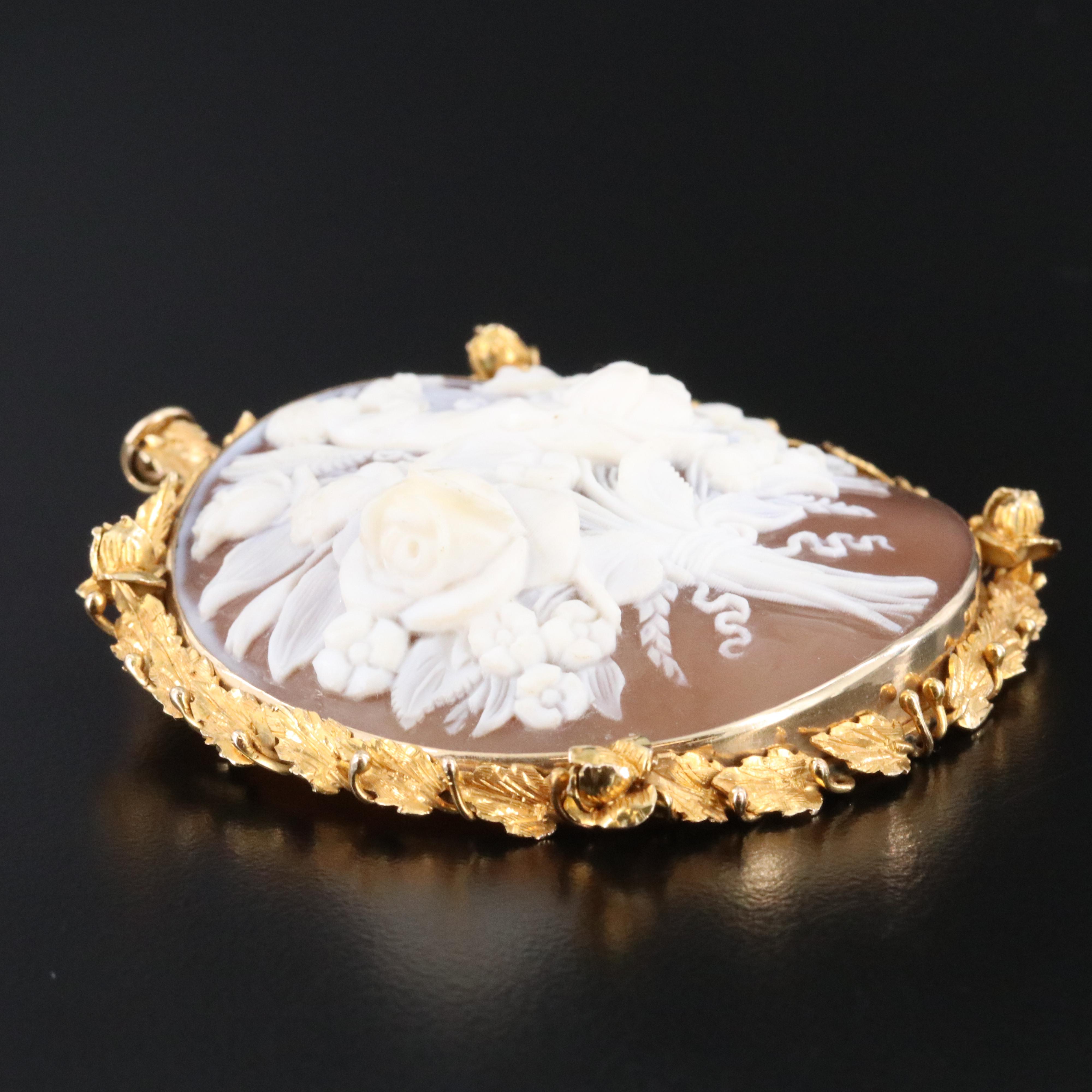 Vintage 14K Shell Floral and Cherub Cameo Converter Brooch