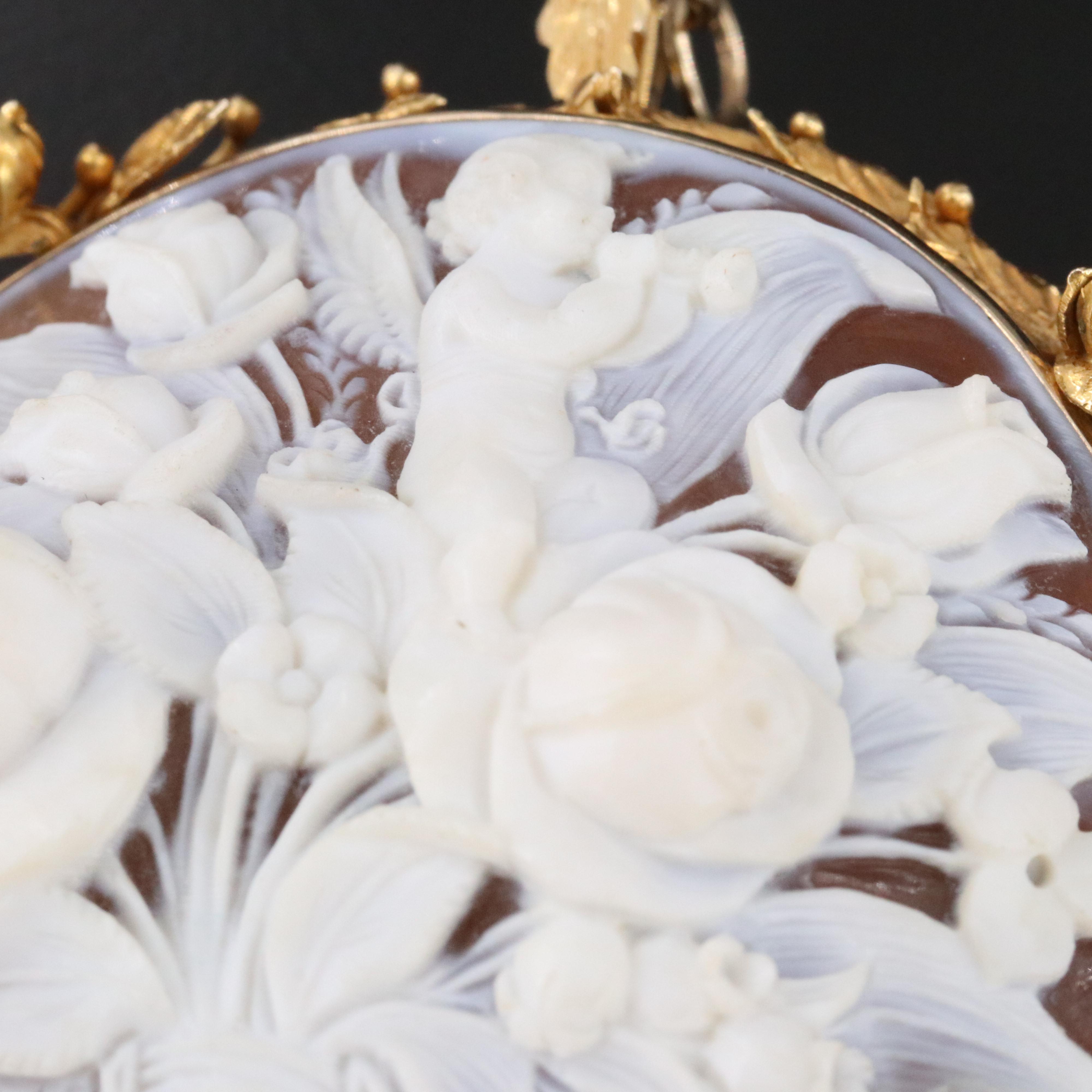 Vintage 14K Shell Floral and Cherub Cameo Converter Brooch